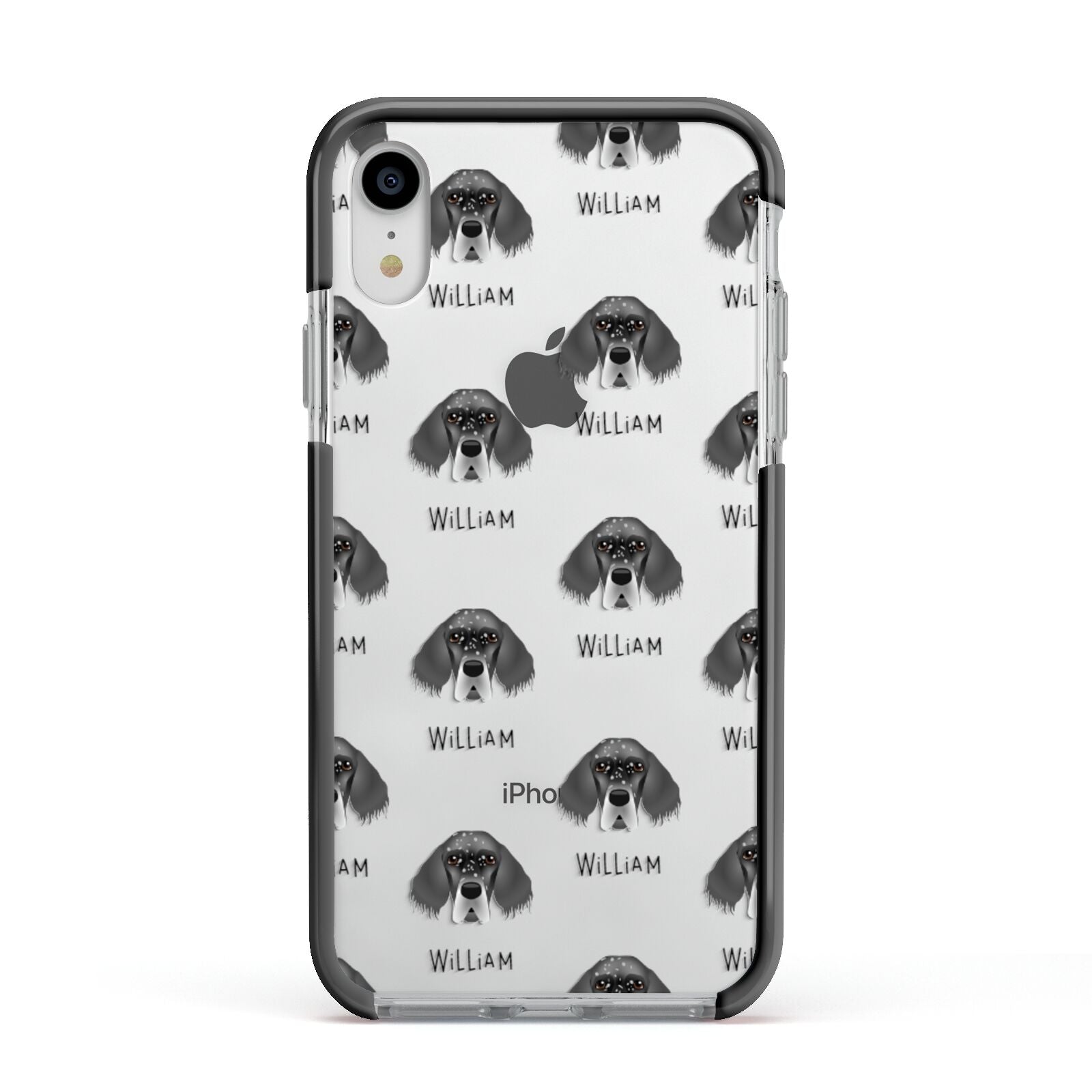 English Setter Icon with Name Apple iPhone XR Impact Case Black Edge on Silver Phone