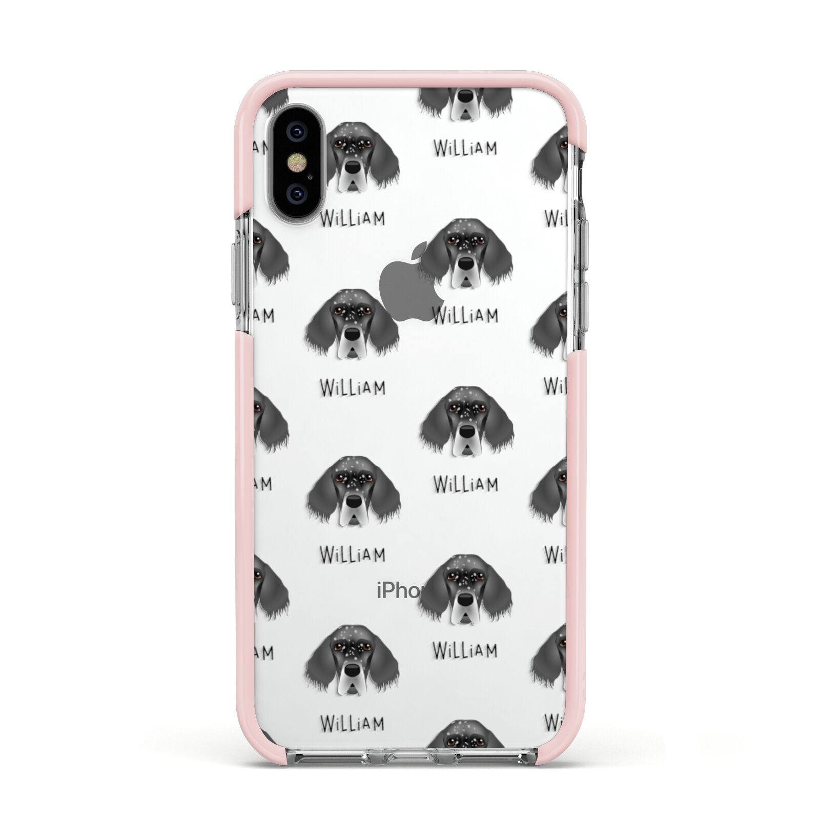 English Setter Icon with Name Apple iPhone Xs Impact Case Pink Edge on Silver Phone