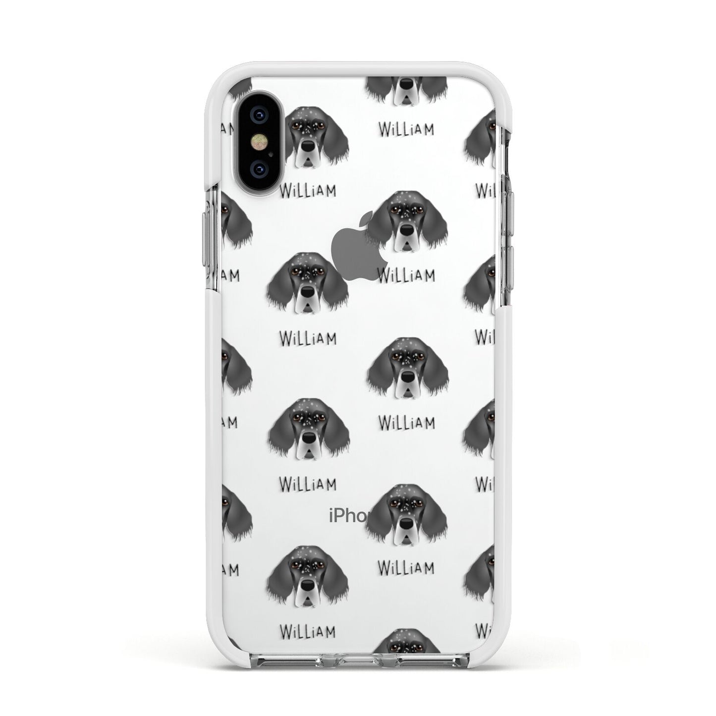 English Setter Icon with Name Apple iPhone Xs Impact Case White Edge on Silver Phone