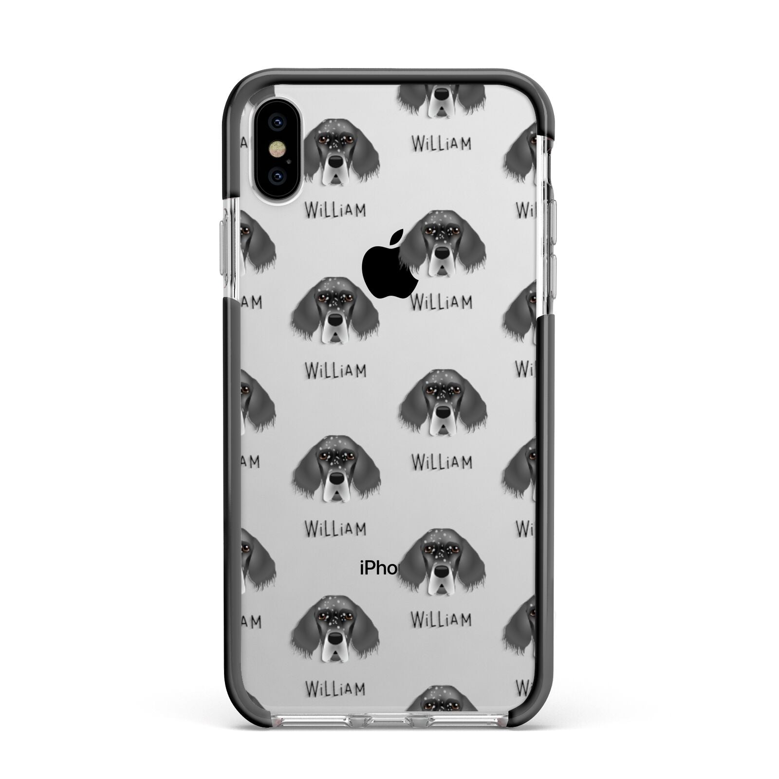 English Setter Icon with Name Apple iPhone Xs Max Impact Case Black Edge on Silver Phone