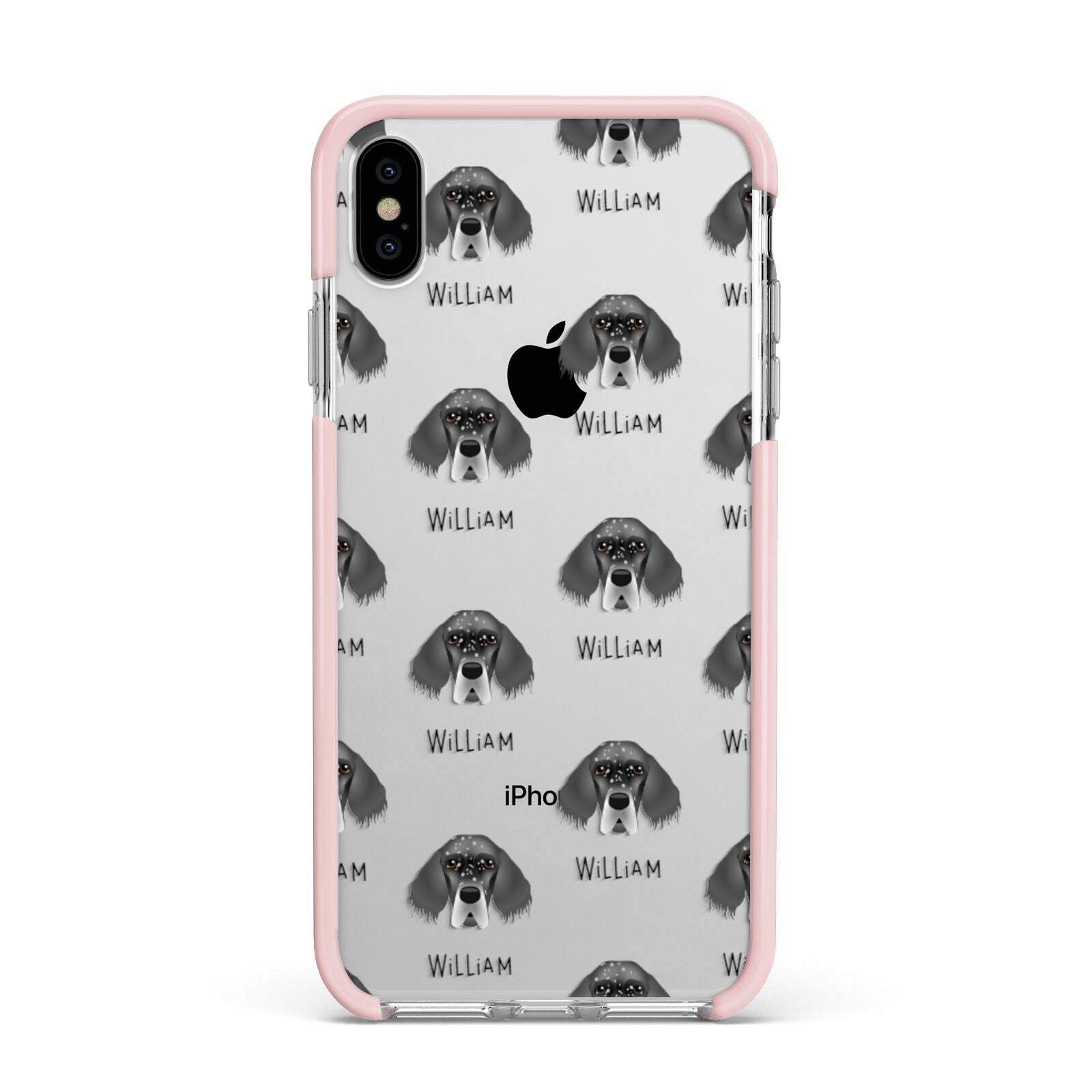 English Setter Icon with Name Apple iPhone Xs Max Impact Case Pink Edge on Silver Phone