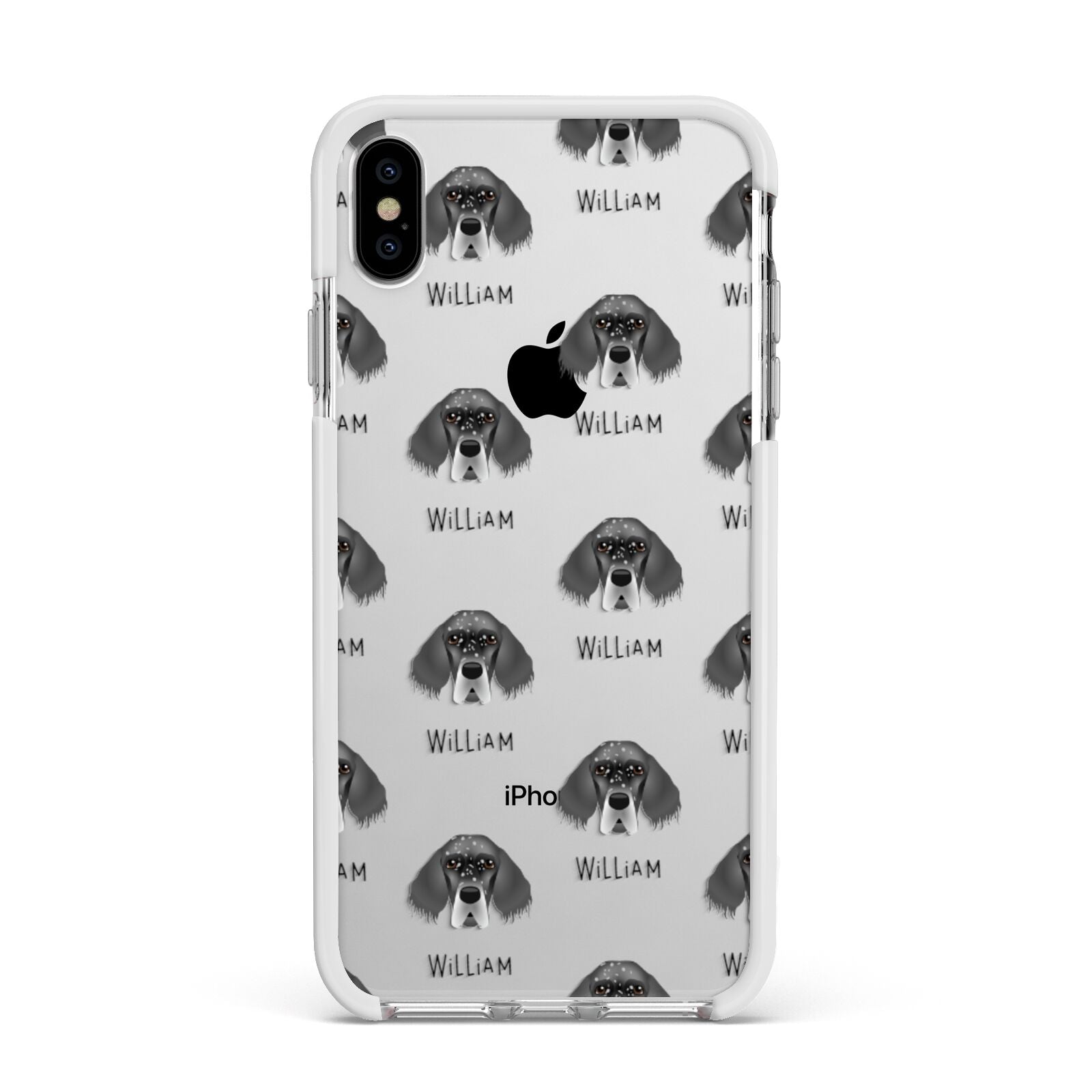 English Setter Icon with Name Apple iPhone Xs Max Impact Case White Edge on Silver Phone