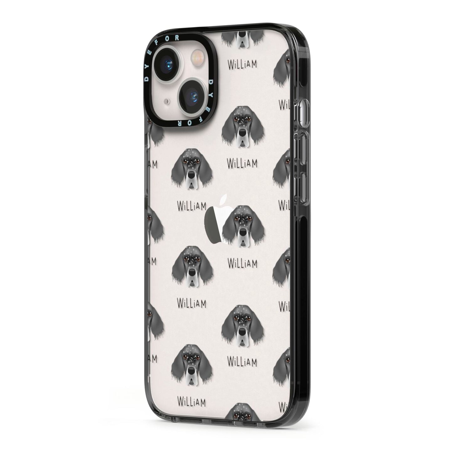 English Setter Icon with Name iPhone 13 Black Impact Case Side Angle on Silver phone