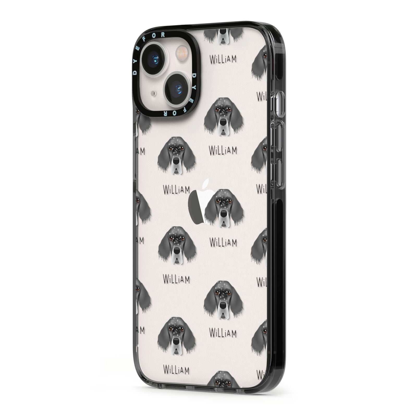 English Setter Icon with Name iPhone 13 Black Impact Case Side Angle on Silver phone