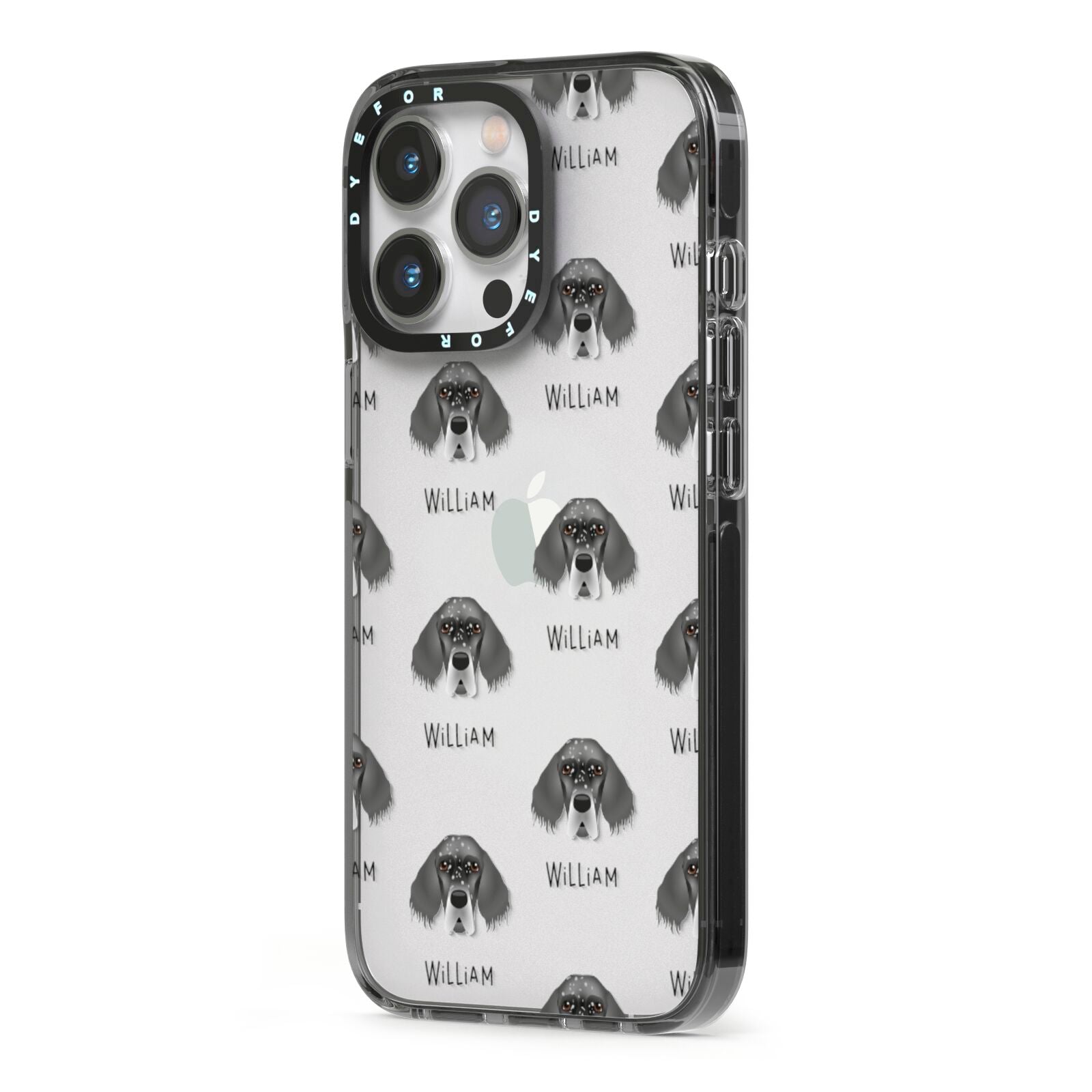 English Setter Icon with Name iPhone 13 Pro Black Impact Case Side Angle on Silver phone