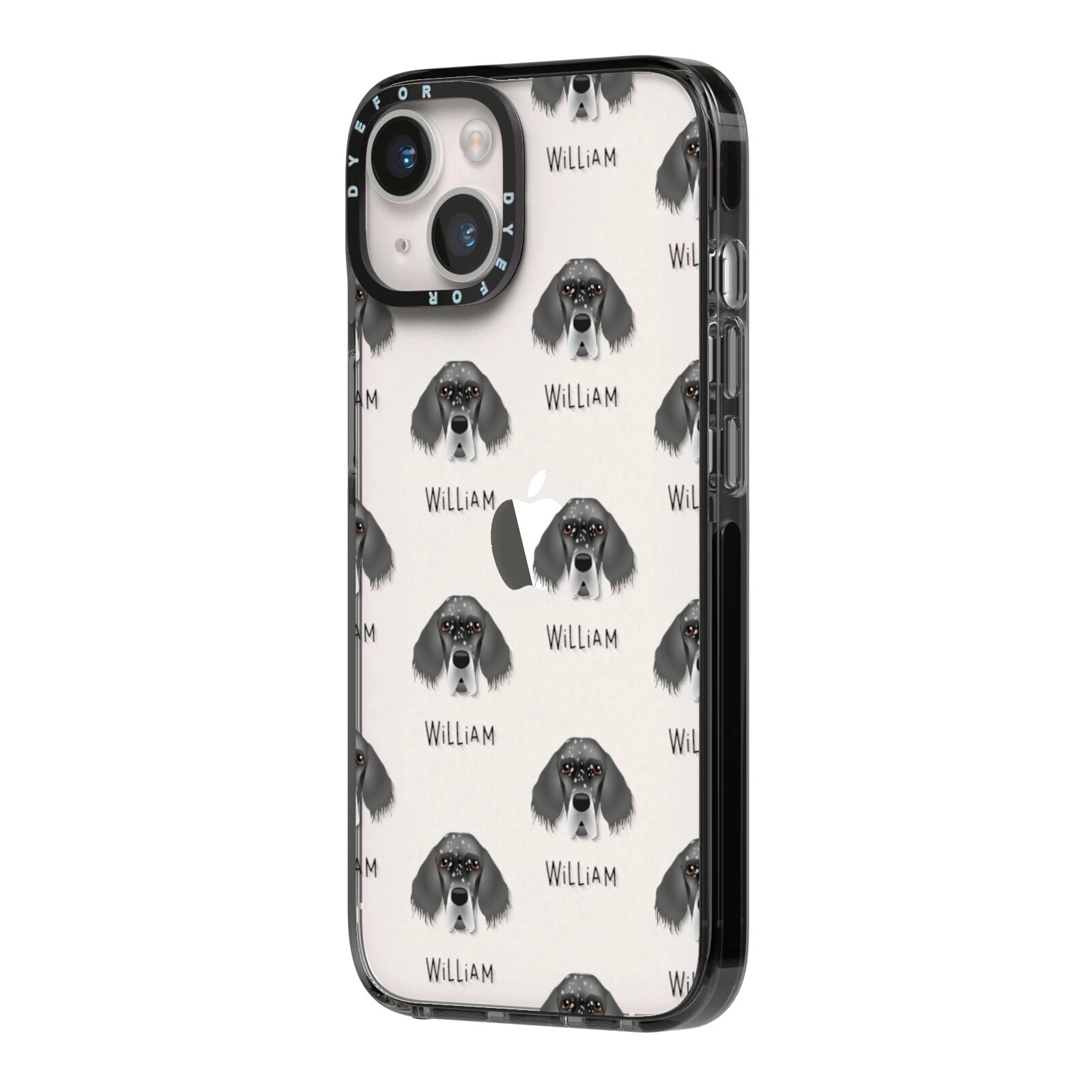 English Setter Icon with Name iPhone 14 Black Impact Case Side Angle on Silver phone