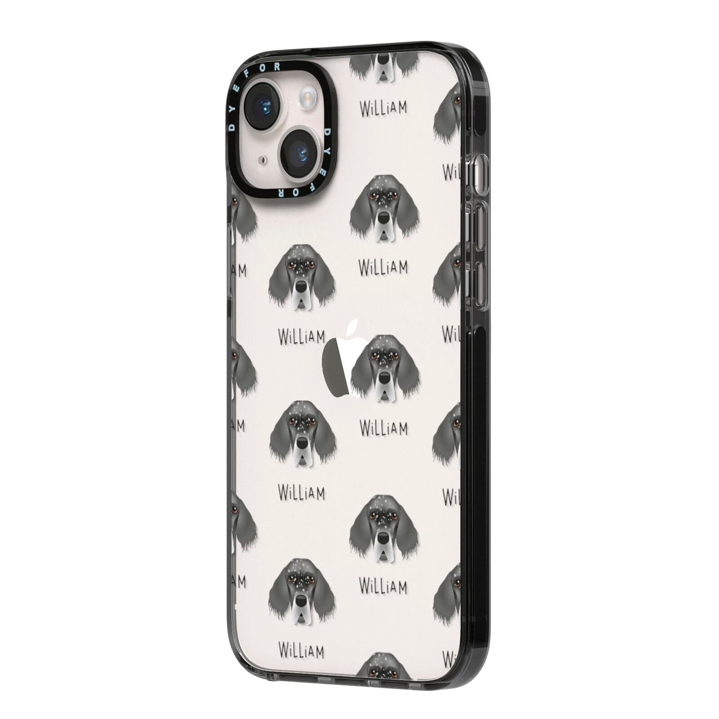 English Setter Icon with Name iPhone 14 Plus Black Impact Case Side Angle on Silver phone