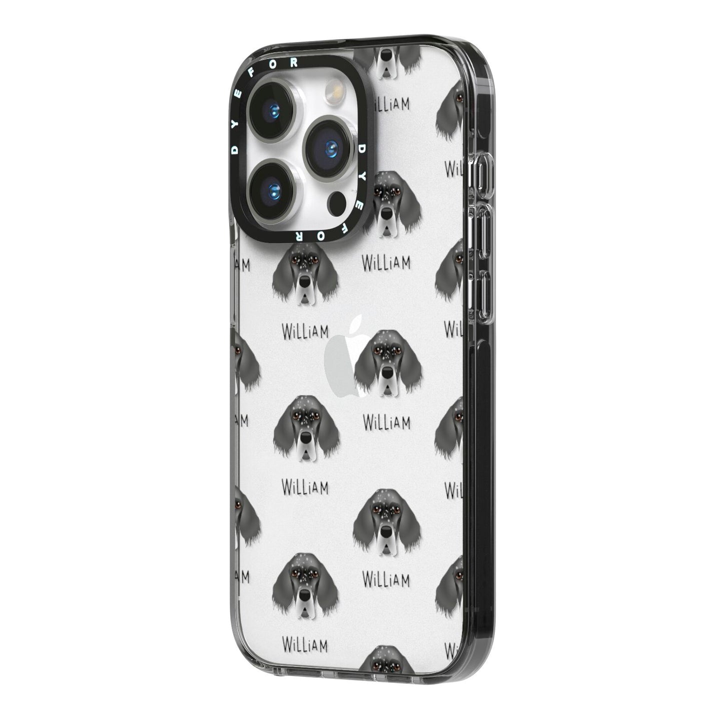 English Setter Icon with Name iPhone 14 Pro Black Impact Case Side Angle on Silver phone