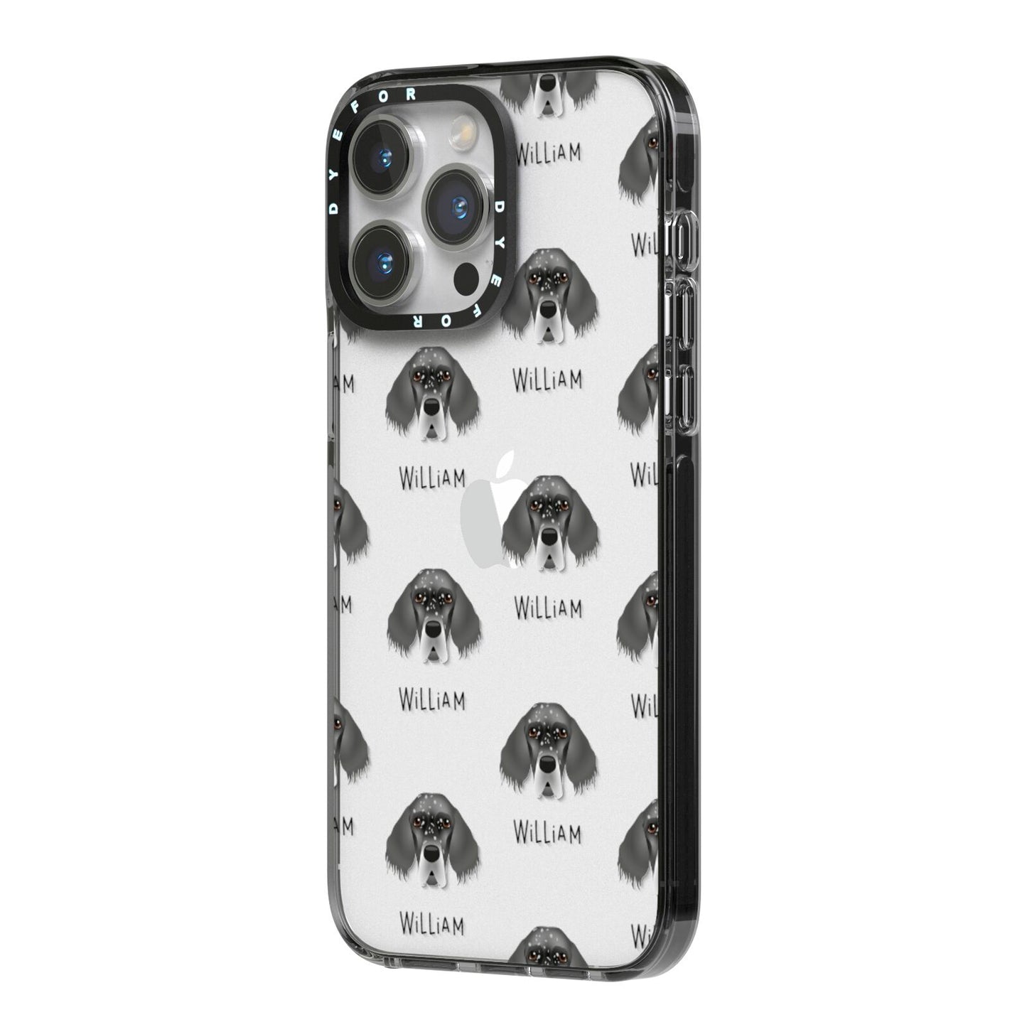 English Setter Icon with Name iPhone 14 Pro Max Black Impact Case Side Angle on Silver phone