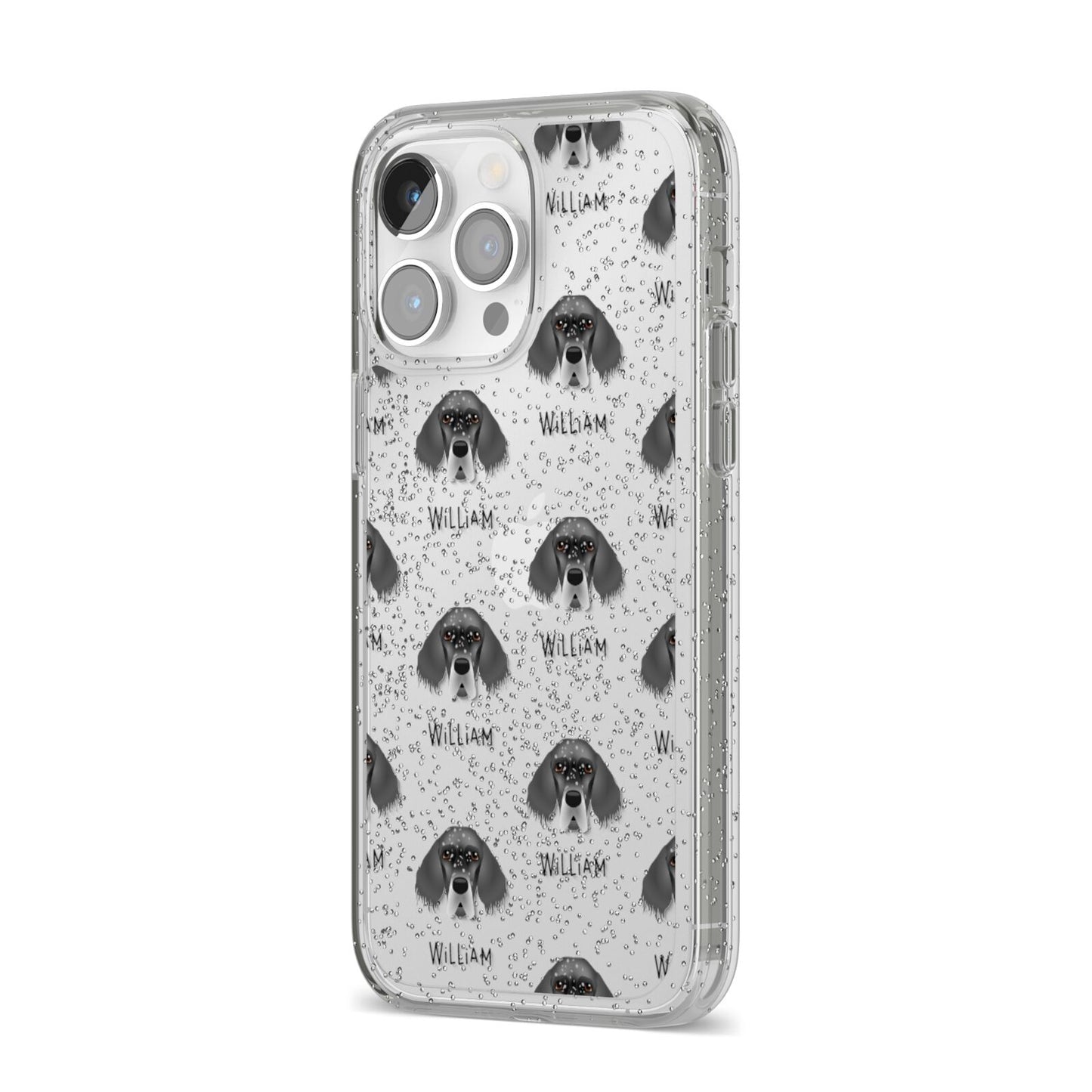 English Setter Icon with Name iPhone 14 Pro Max Glitter Tough Case Silver Angled Image