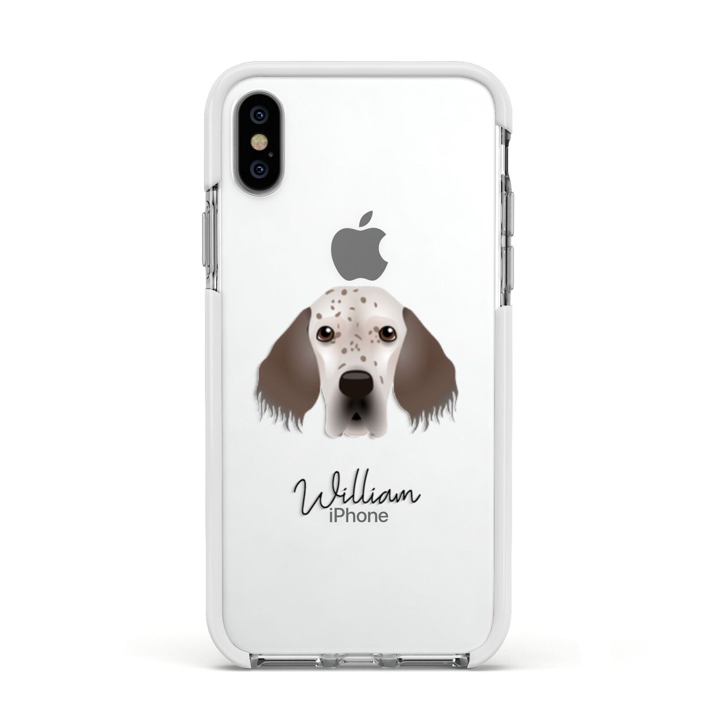 English Setter Personalised Apple iPhone Xs Impact Case White Edge on Silver Phone