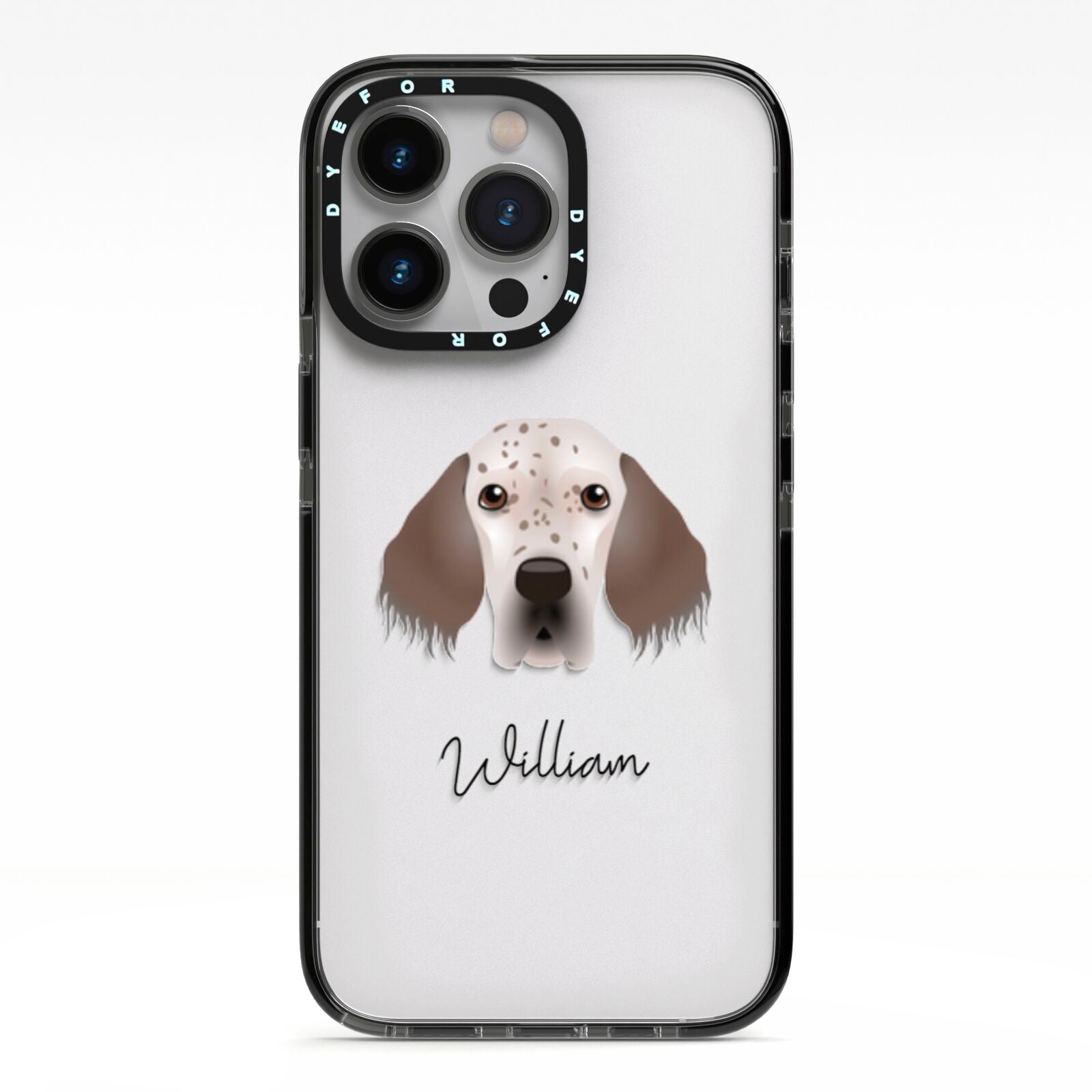 English Setter Personalised iPhone 13 Pro Black Impact Case on Silver phone