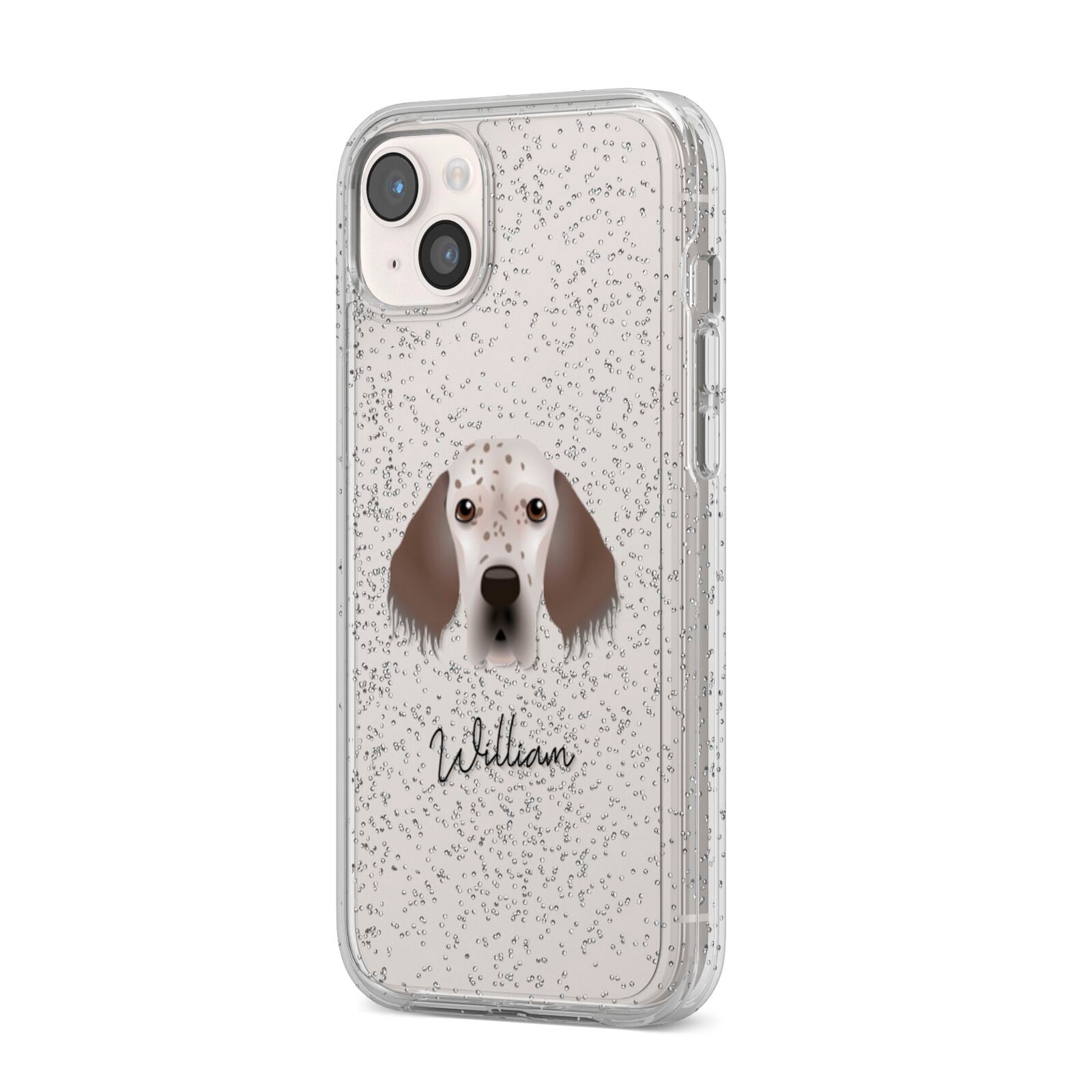 English Setter Personalised iPhone 14 Plus Glitter Tough Case Starlight Angled Image