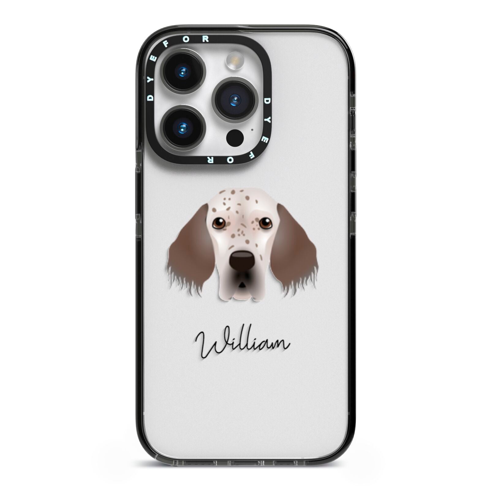 English Setter Personalised iPhone 14 Pro Black Impact Case on Silver phone