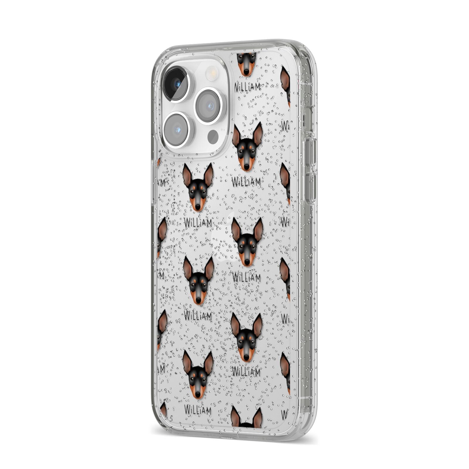 English Toy Terrier Icon with Name iPhone 14 Pro Max Glitter Tough Case Silver Angled Image