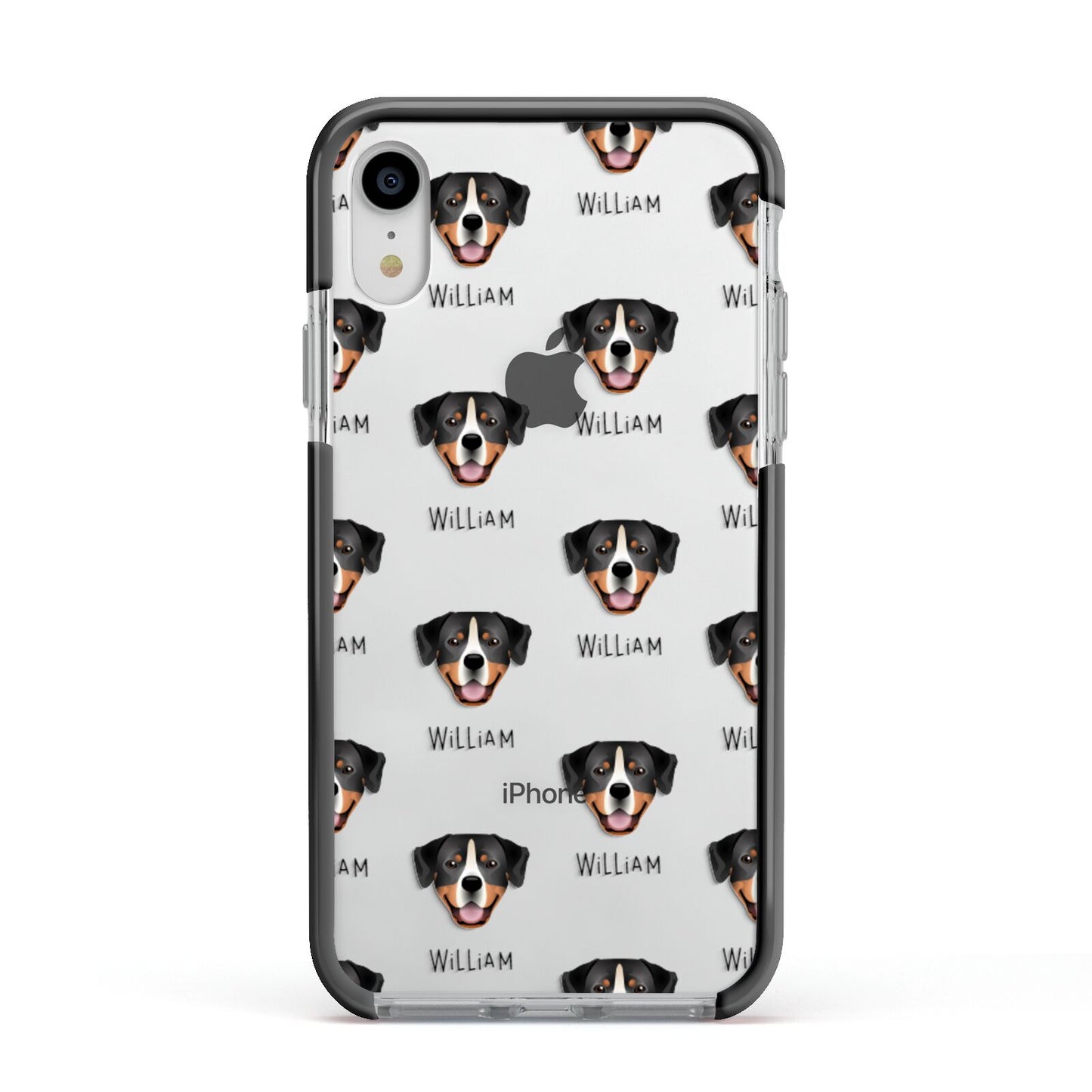 Entlebucher Mountain Dog Icon with Name Apple iPhone XR Impact Case Black Edge on Silver Phone