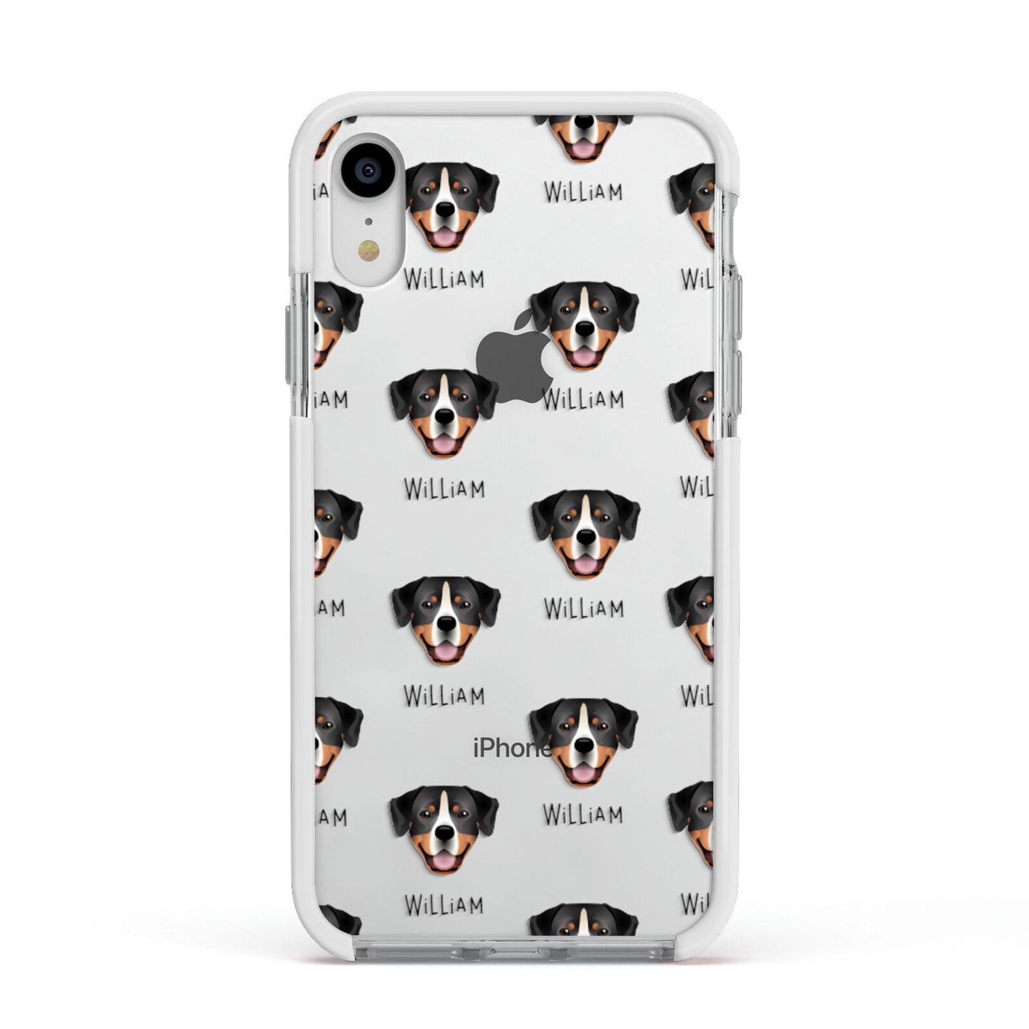 Entlebucher Mountain Dog Icon with Name Apple iPhone XR Impact Case White Edge on Silver Phone