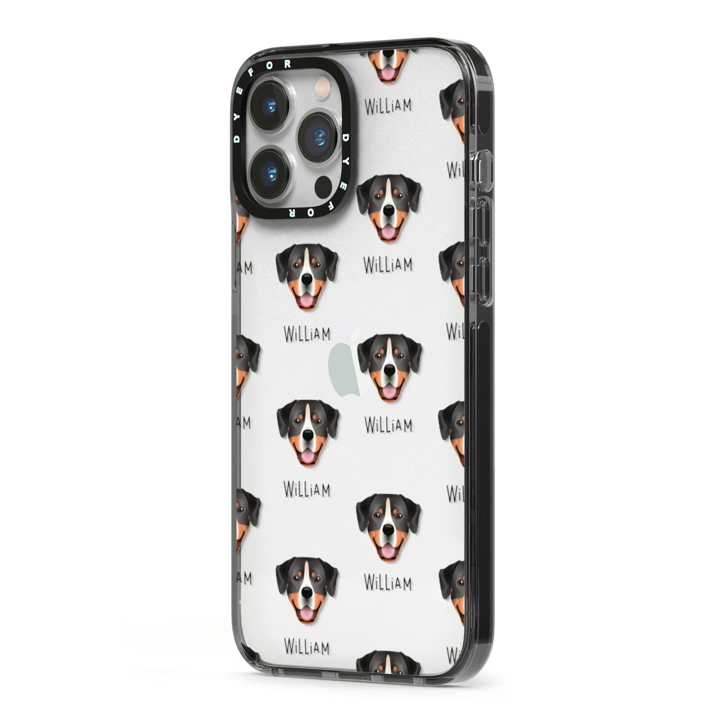 Entlebucher Mountain Dog Icon with Name iPhone 13 Pro Max Black Impact Case Side Angle on Silver phone