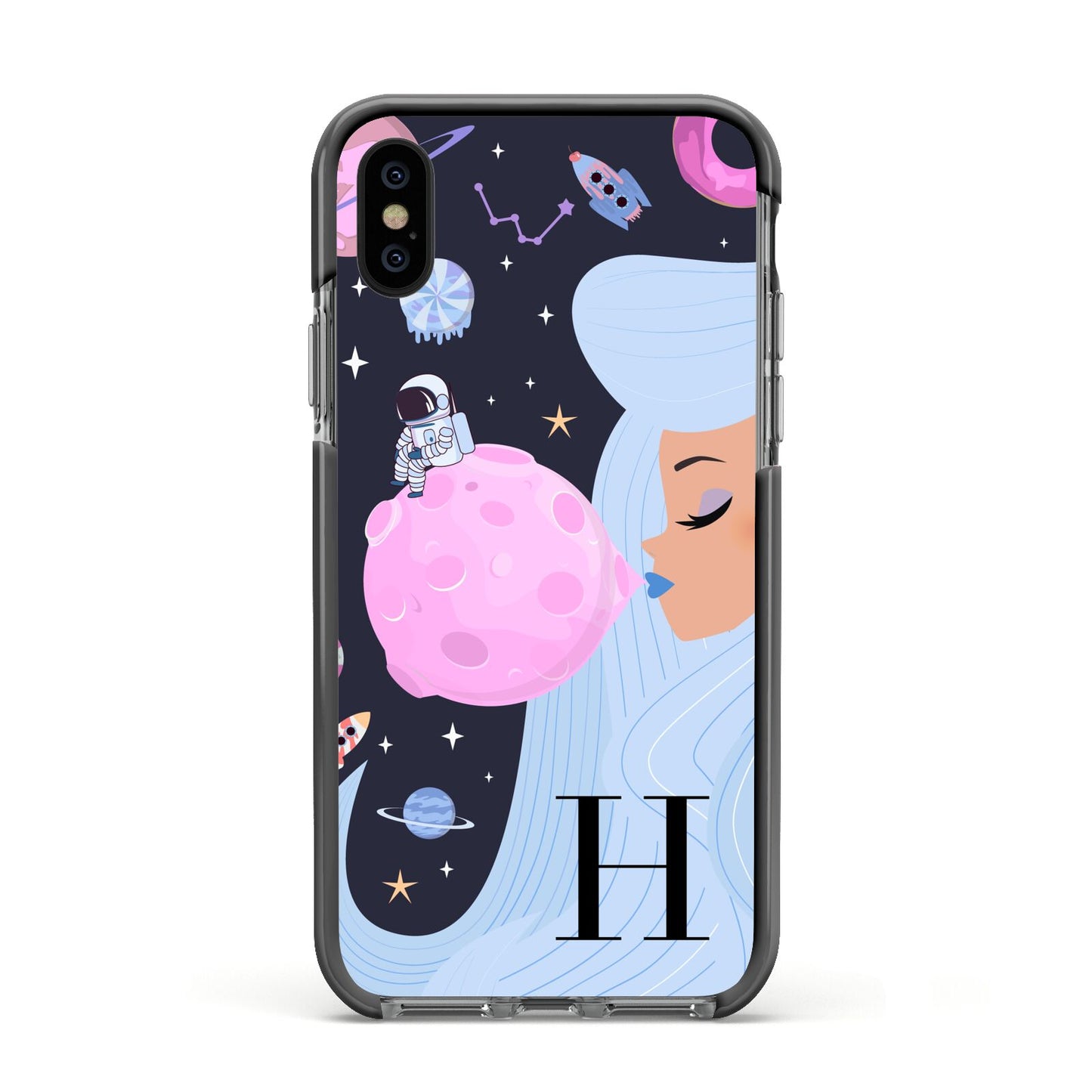 Ethereal Goddess in Space with Initial Apple iPhone Xs Impact Case Black Edge on Black Phone