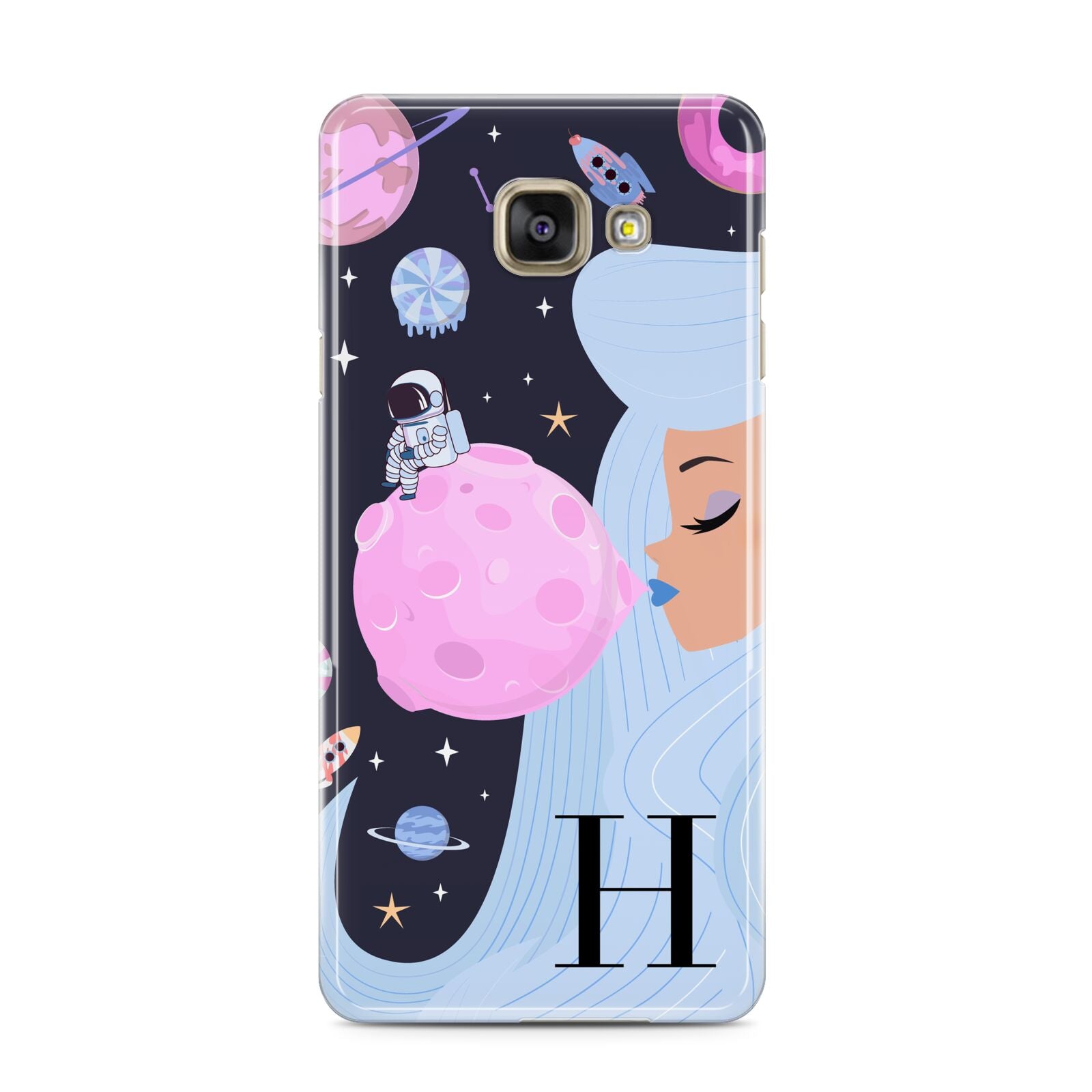 Ethereal Goddess in Space with Initial Samsung Galaxy A3 2016 Case on gold phone