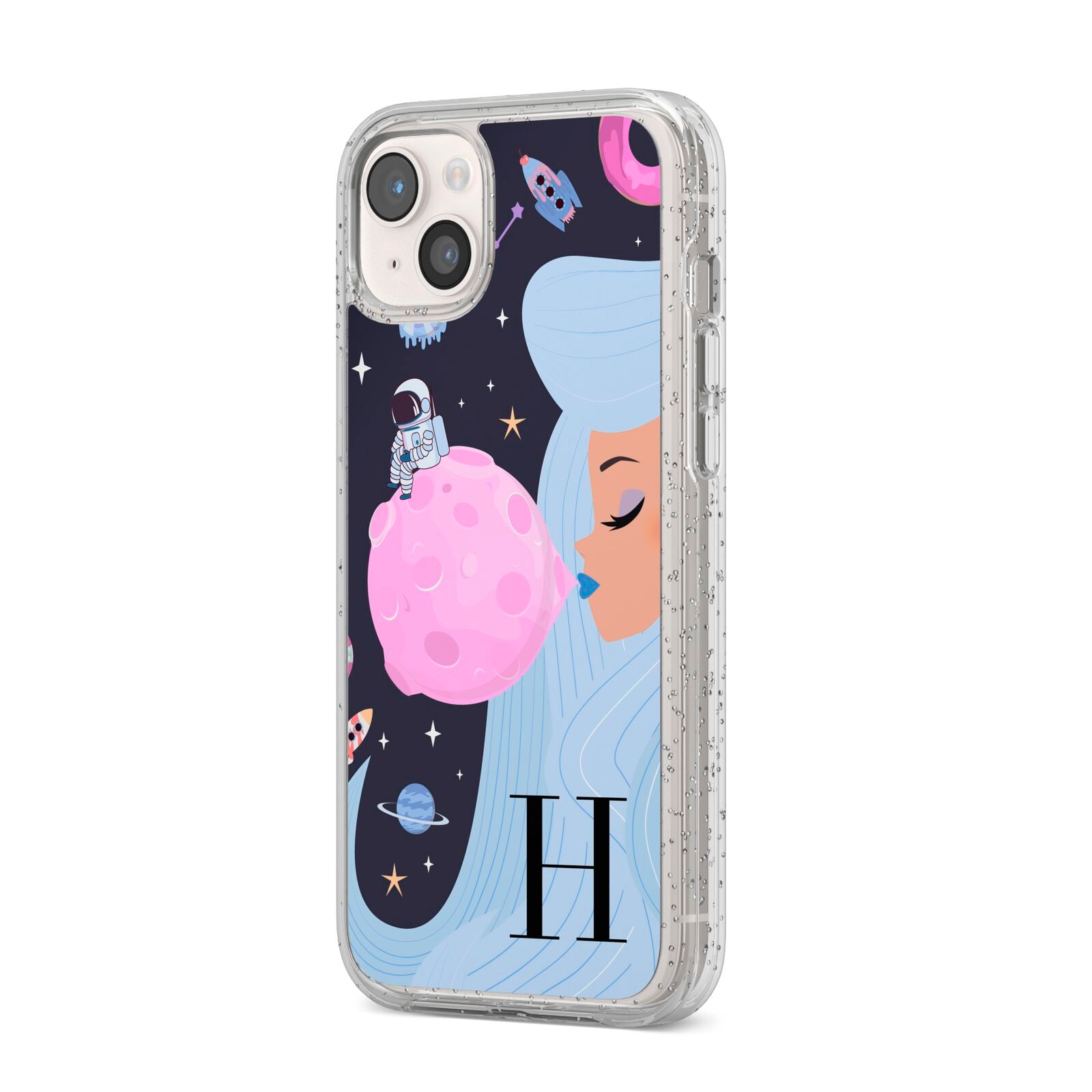 Ethereal Goddess in Space with Initial iPhone 14 Plus Glitter Tough Case Starlight Angled Image