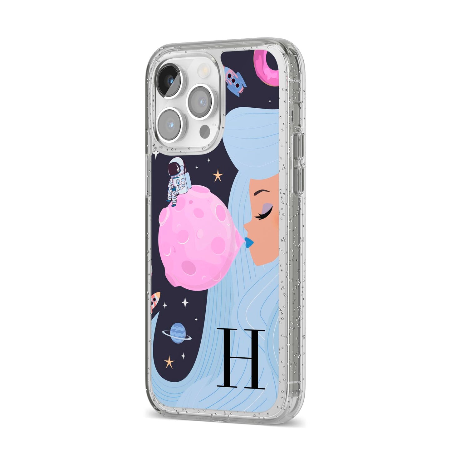 Ethereal Goddess in Space with Initial iPhone 14 Pro Max Glitter Tough Case Silver Angled Image