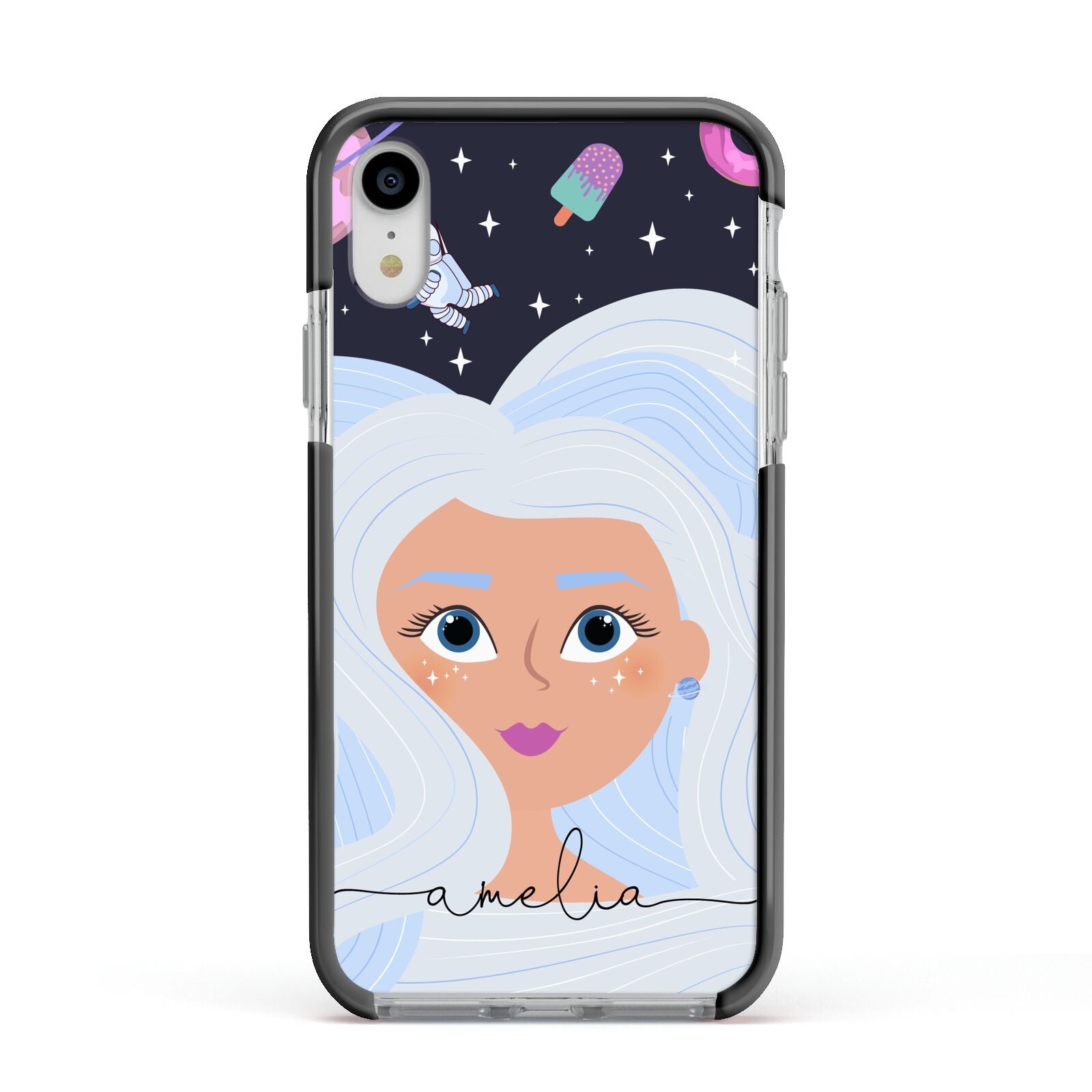 Ethereal Space Goddess with Name Apple iPhone XR Impact Case Black Edge on Silver Phone