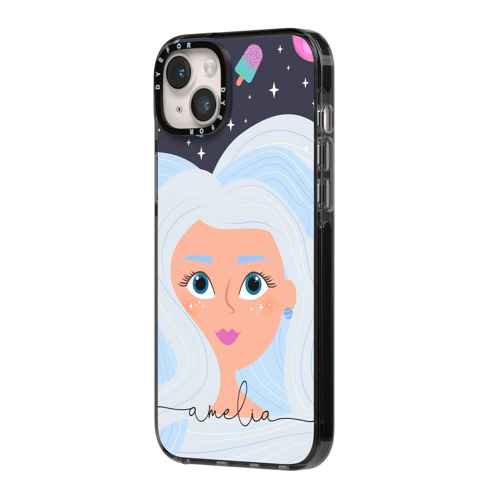 Ethereal Space Goddess with Name iPhone 14 Plus Black Impact Case Side Angle on Silver phone