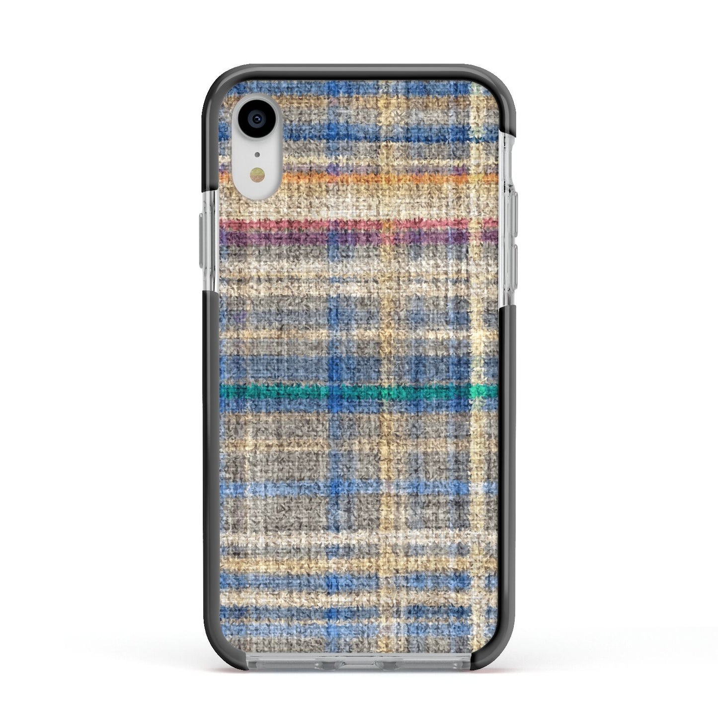 Fabric Plaid Apple iPhone XR Impact Case Black Edge on Silver Phone