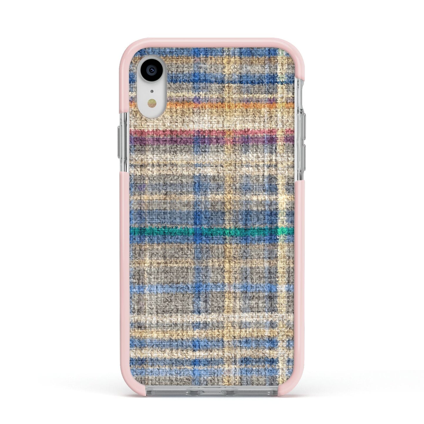 Fabric Plaid Apple iPhone XR Impact Case Pink Edge on Silver Phone