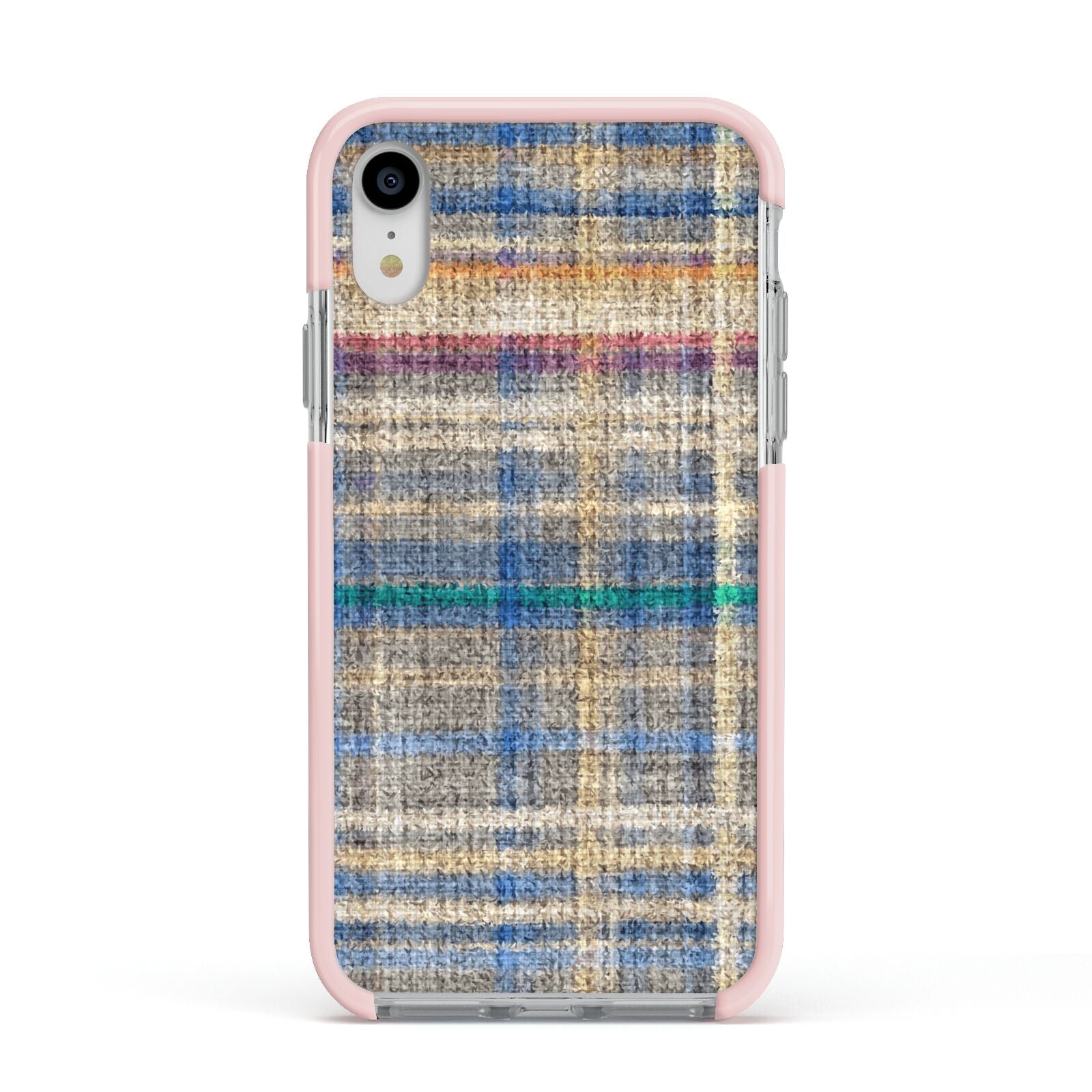 Fabric Plaid Apple iPhone XR Impact Case Pink Edge on Silver Phone