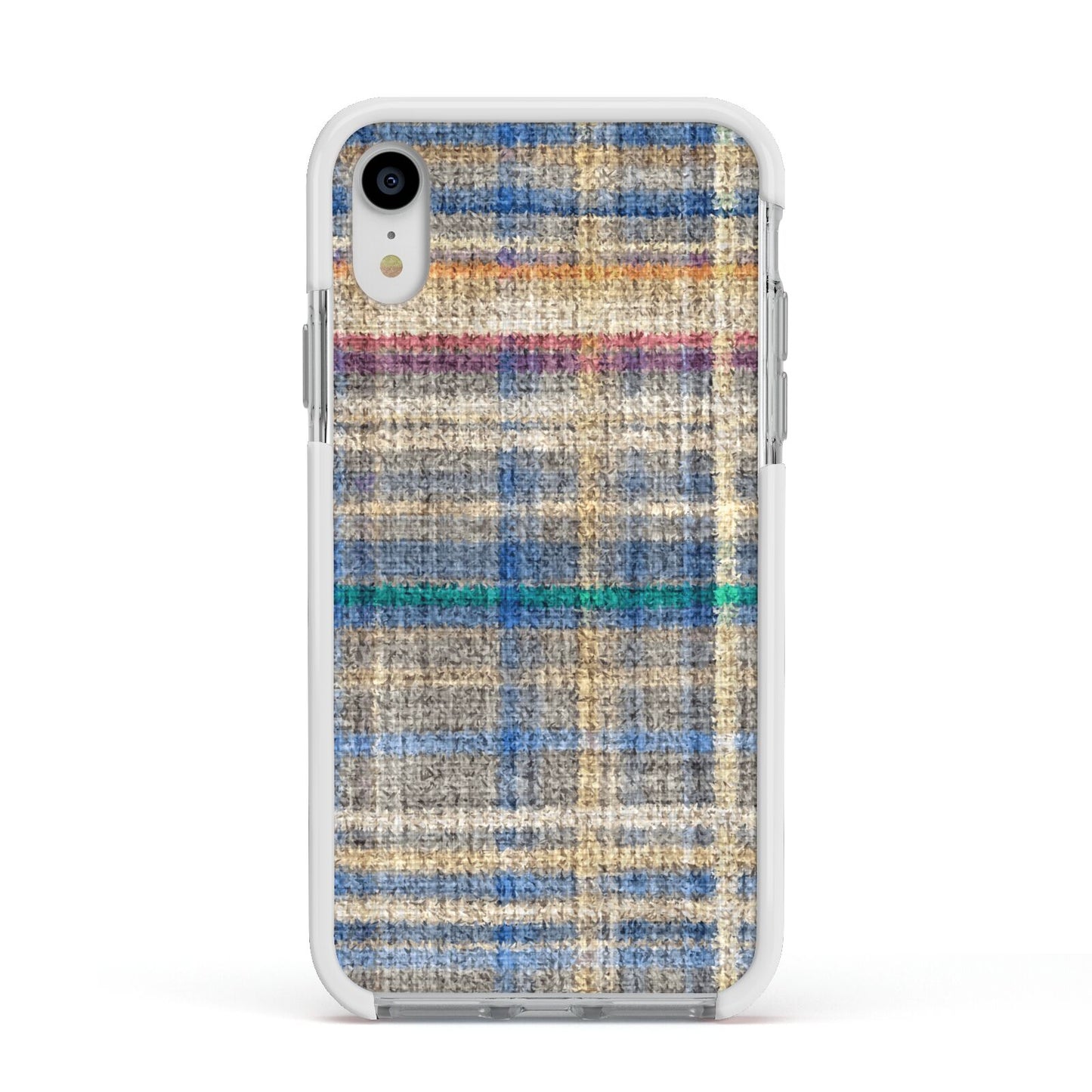 Fabric Plaid Apple iPhone XR Impact Case White Edge on Silver Phone