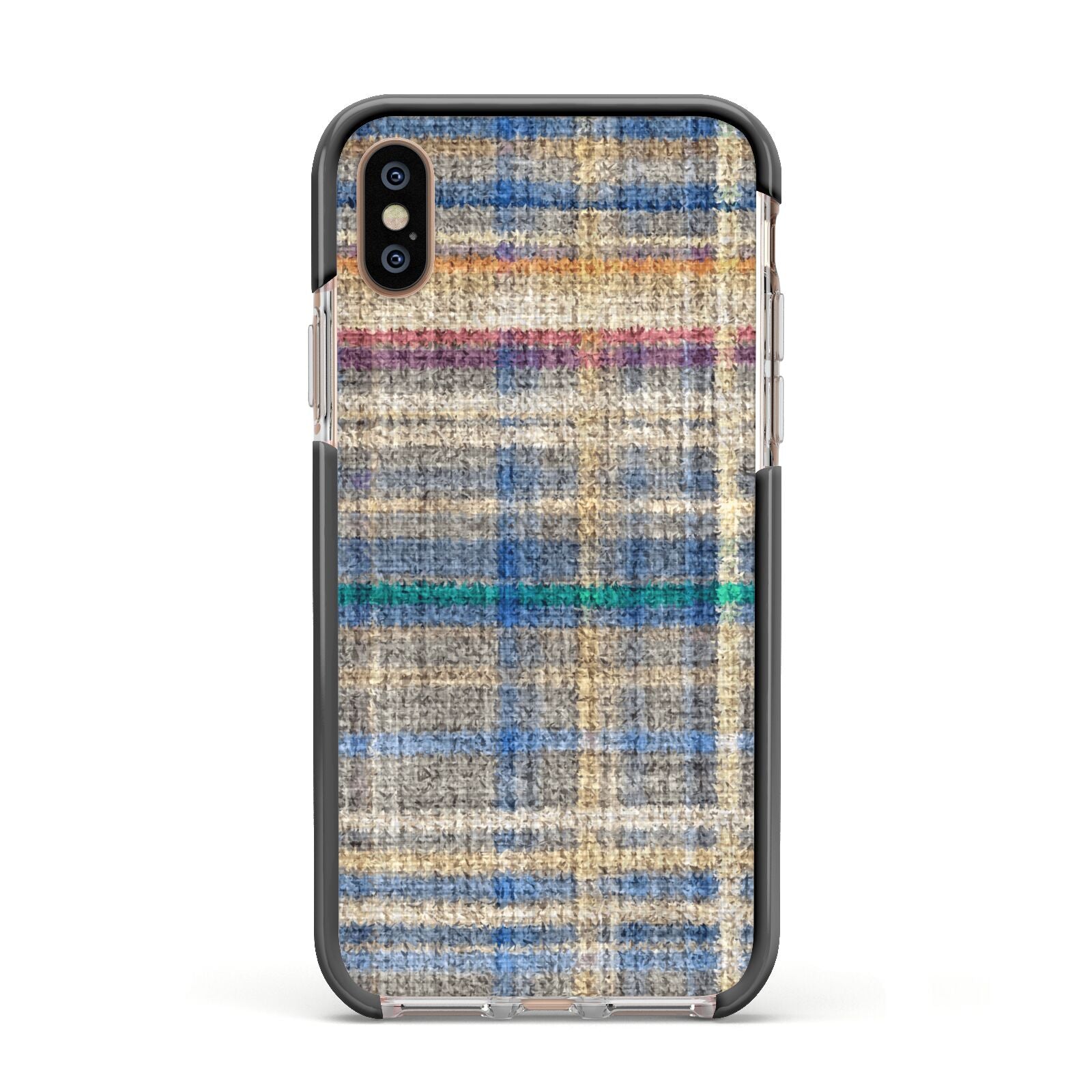 Fabric Plaid Apple iPhone Xs Impact Case Black Edge on Gold Phone