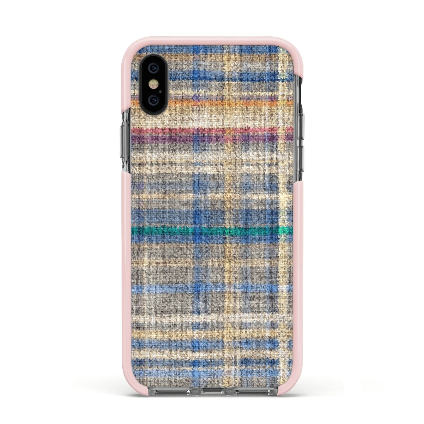 Fabric Plaid Apple iPhone Xs Impact Case Pink Edge on Black Phone