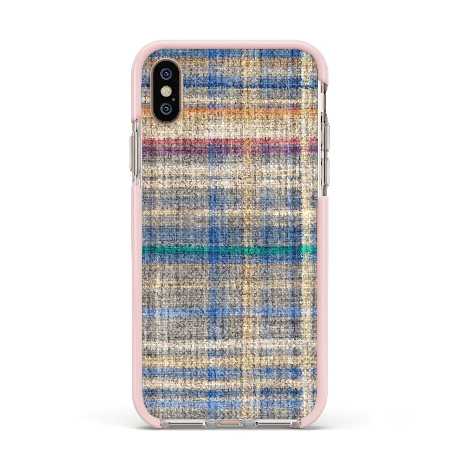 Fabric Plaid Apple iPhone Xs Impact Case Pink Edge on Gold Phone