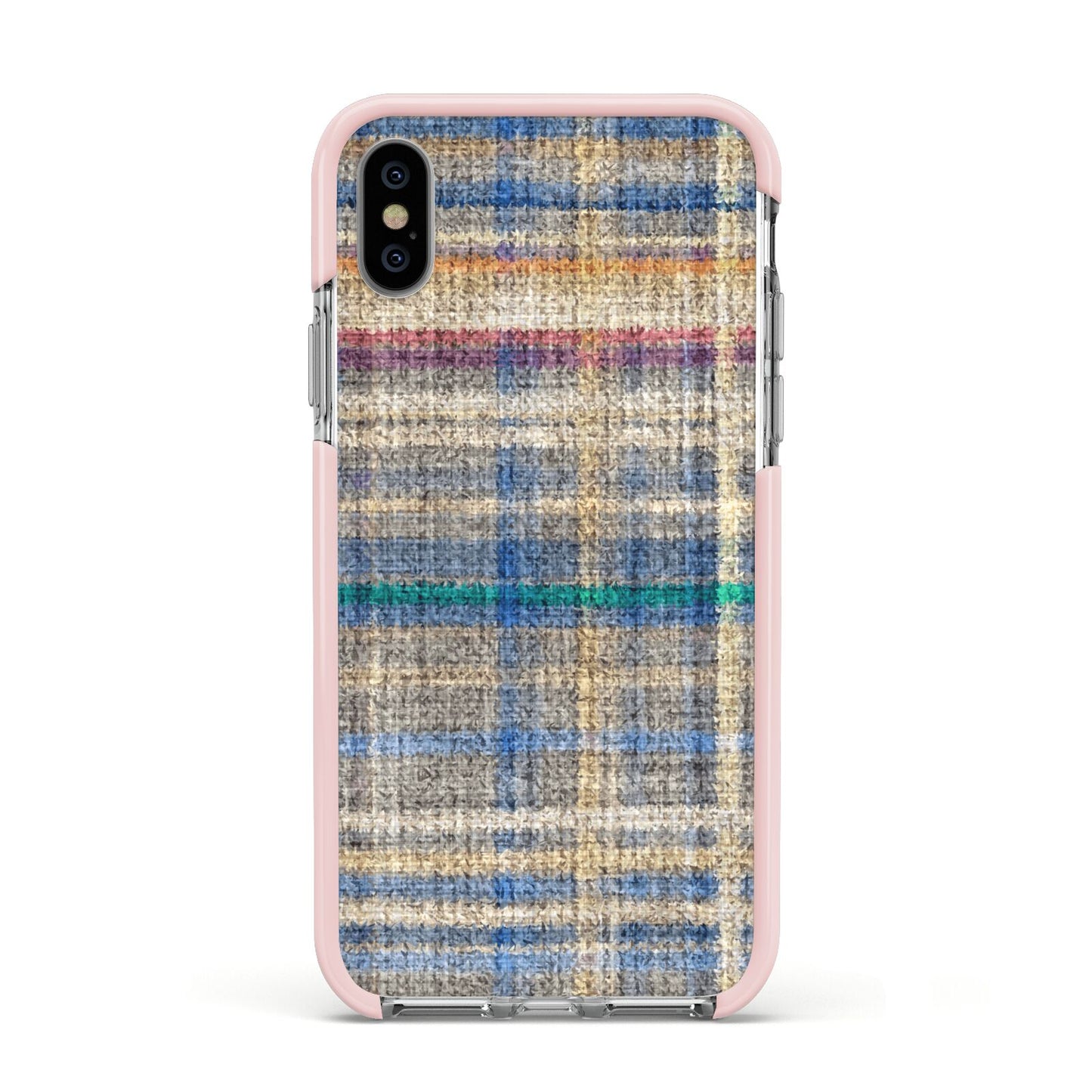 Fabric Plaid Apple iPhone Xs Impact Case Pink Edge on Silver Phone