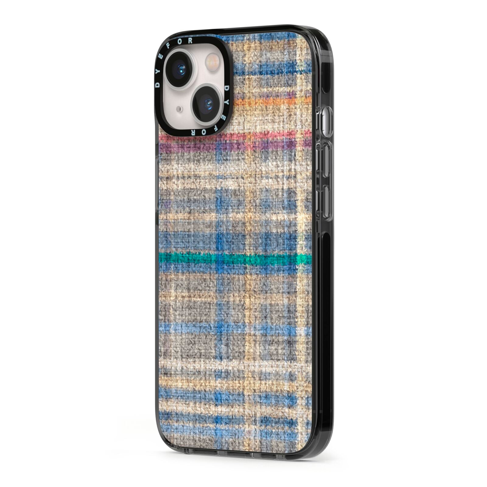 Fabric Plaid iPhone 13 Black Impact Case Side Angle on Silver phone