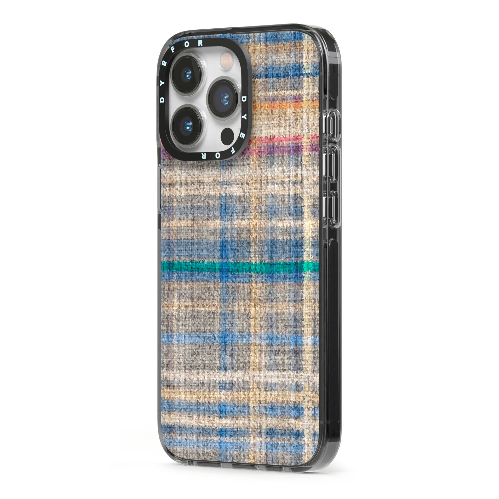 Fabric Plaid iPhone 13 Pro Black Impact Case Side Angle on Silver phone