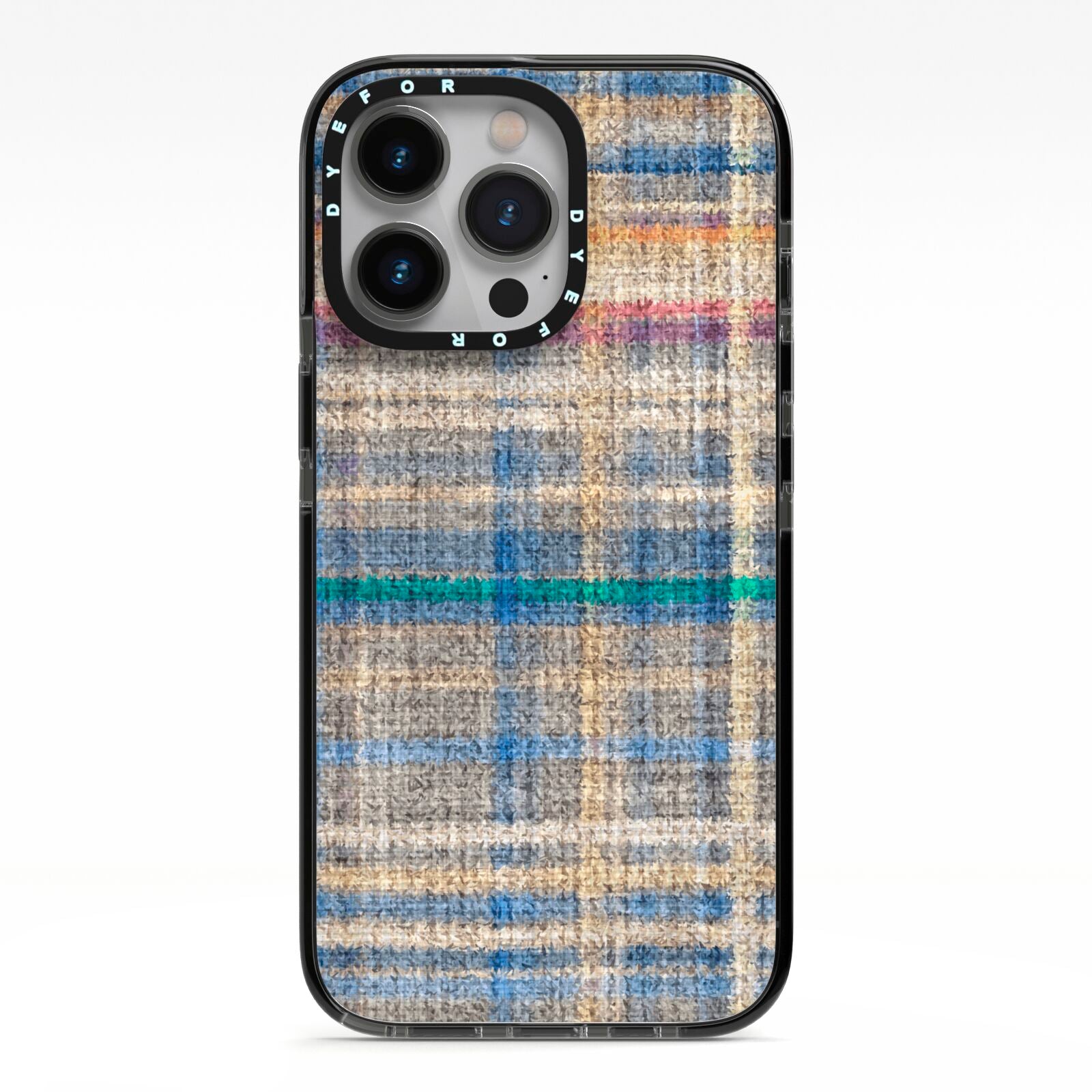 Fabric Plaid iPhone 13 Pro Black Impact Case on Silver phone