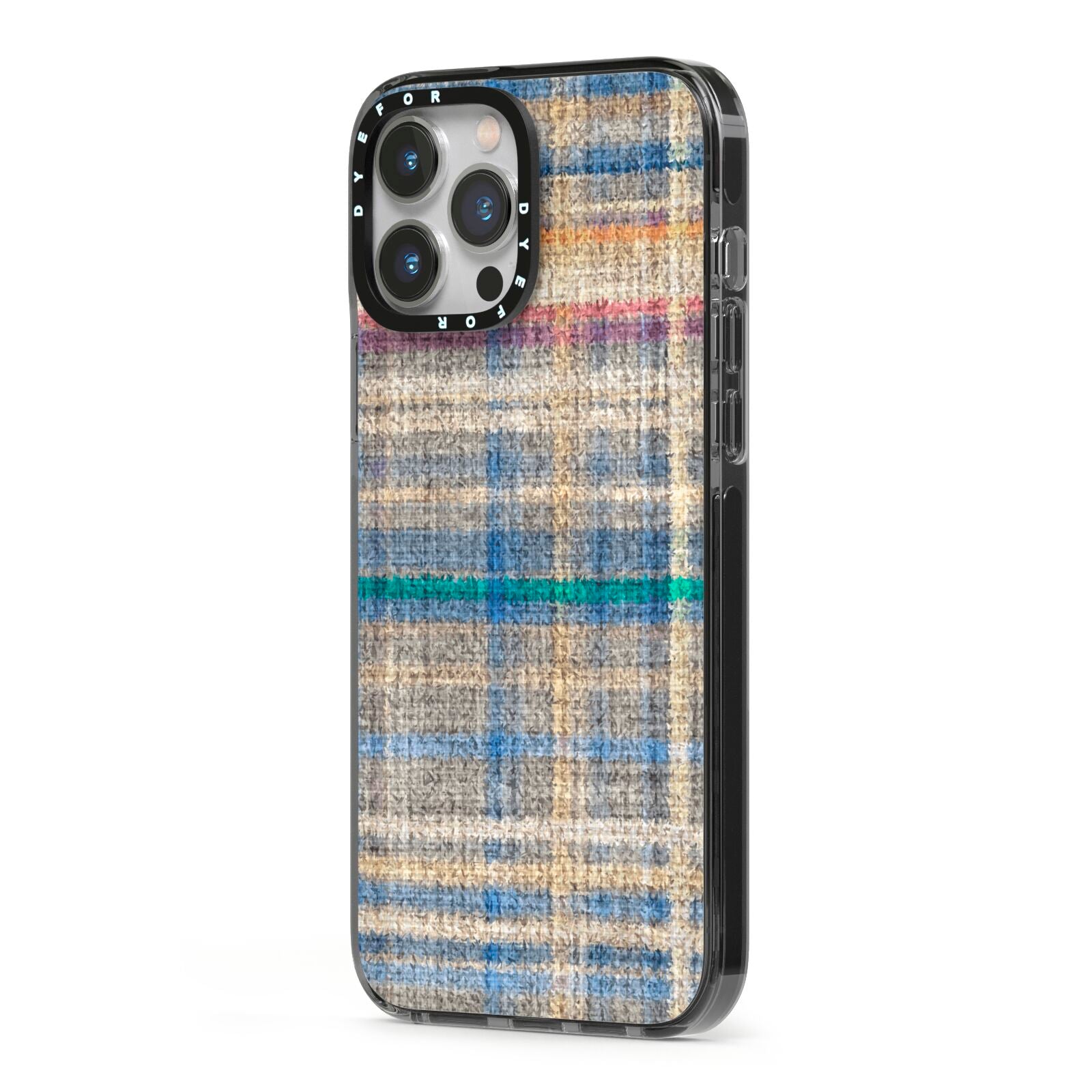 Fabric Plaid iPhone 13 Pro Max Black Impact Case Side Angle on Silver phone