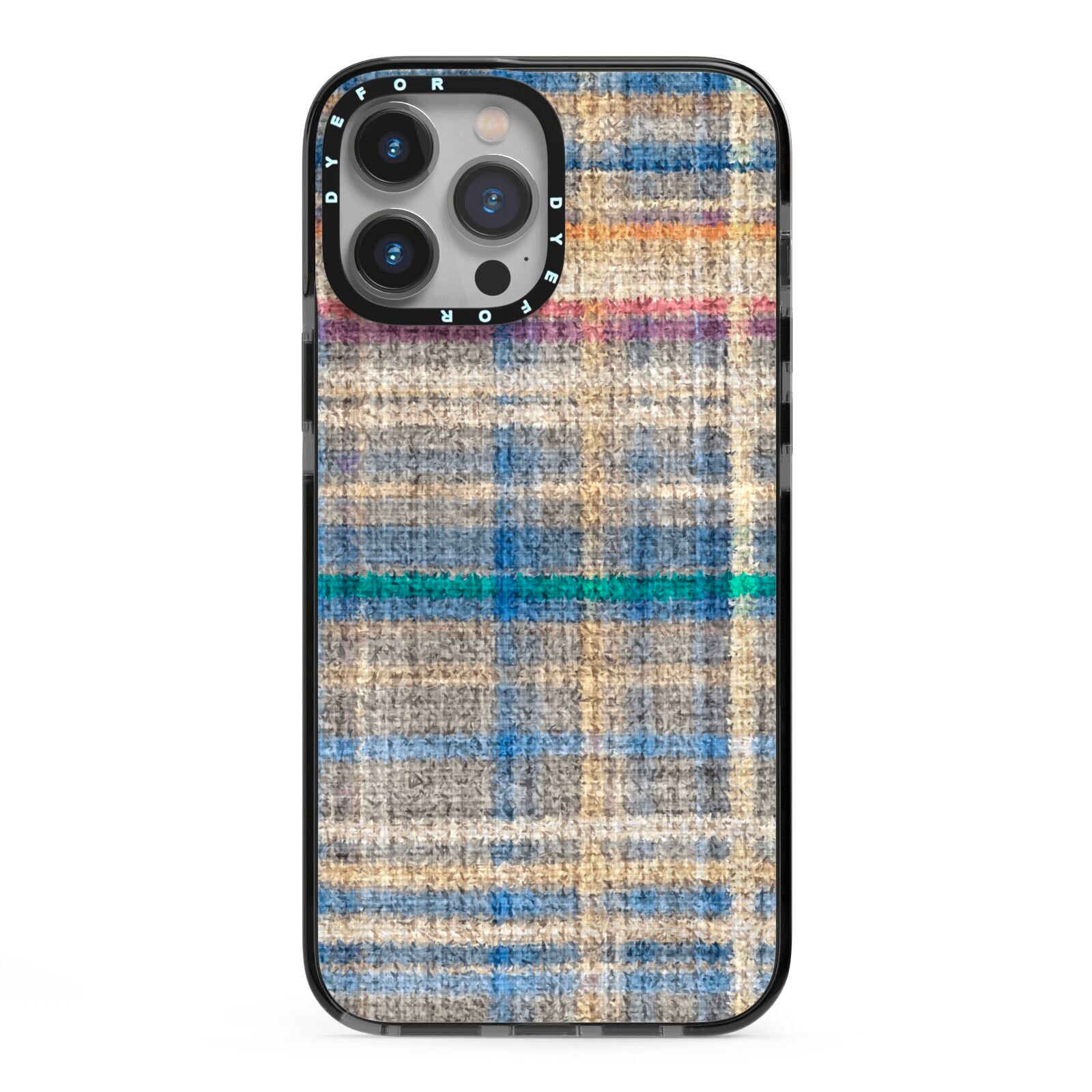 Fabric Plaid iPhone 13 Pro Max Black Impact Case on Silver phone