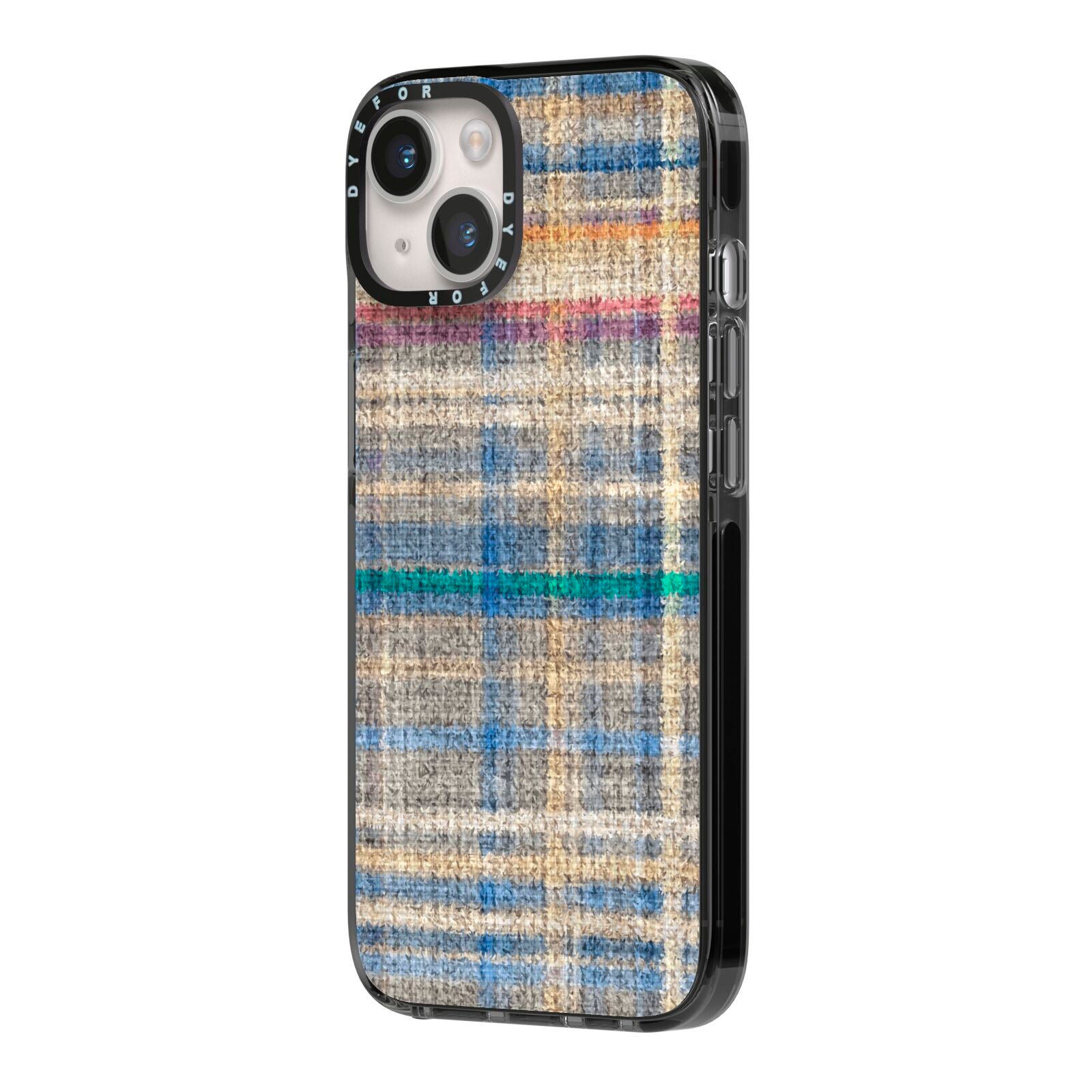 Fabric Plaid iPhone 14 Black Impact Case Side Angle on Silver phone