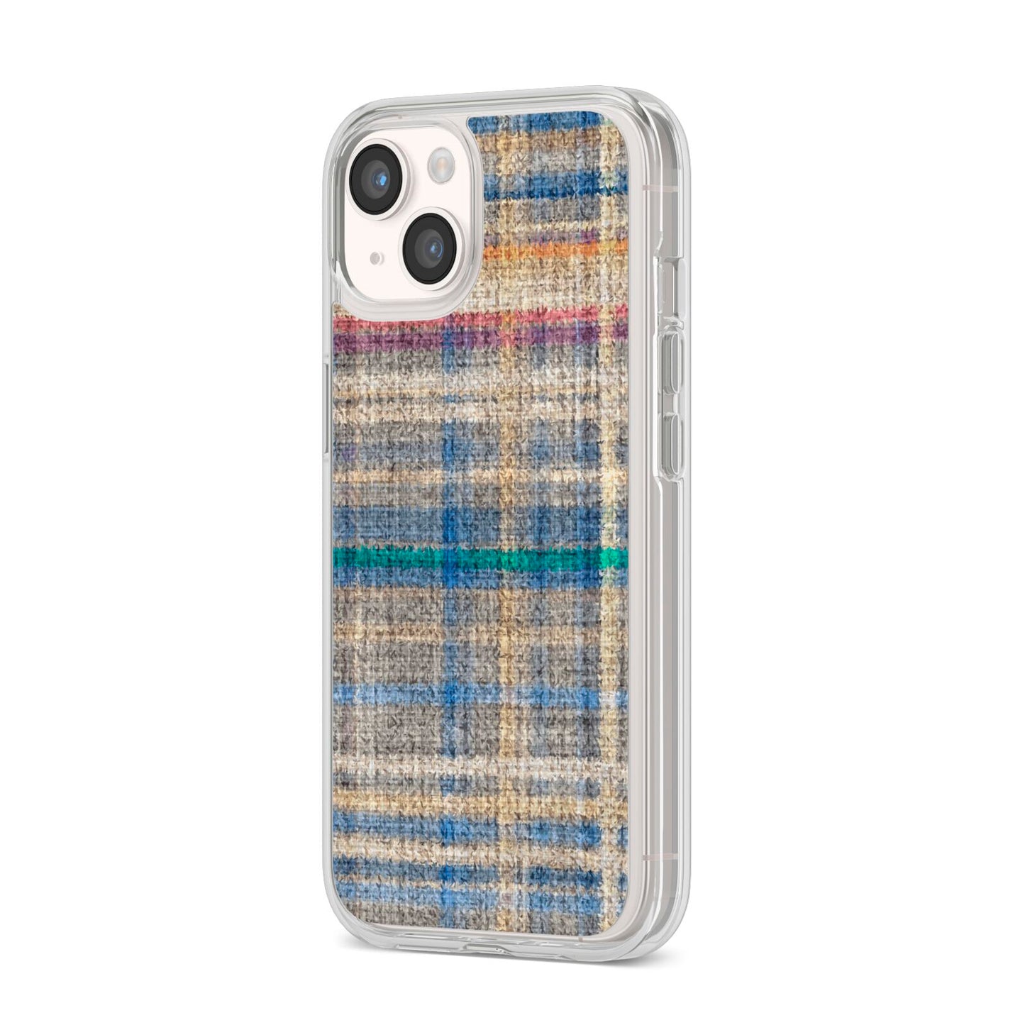 Fabric Plaid iPhone 14 Clear Tough Case Starlight Angled Image