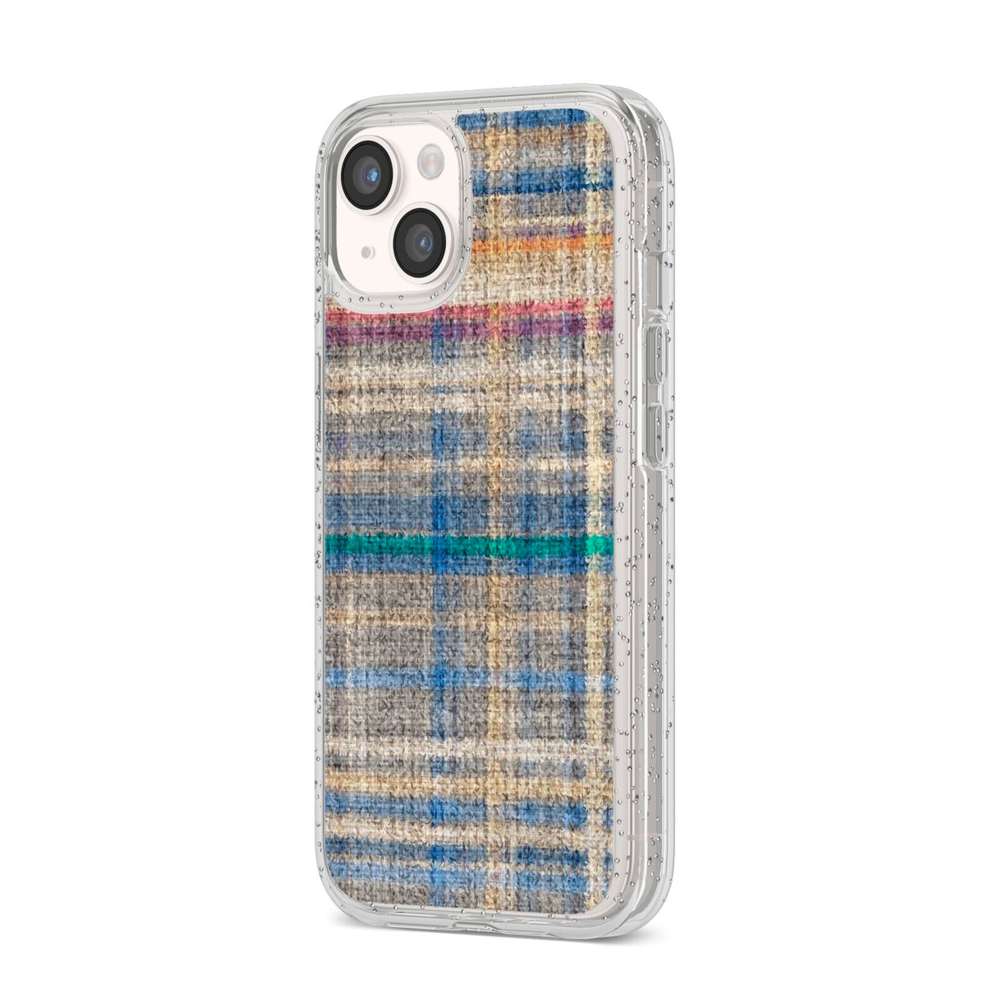 Fabric Plaid iPhone 14 Glitter Tough Case Starlight Angled Image