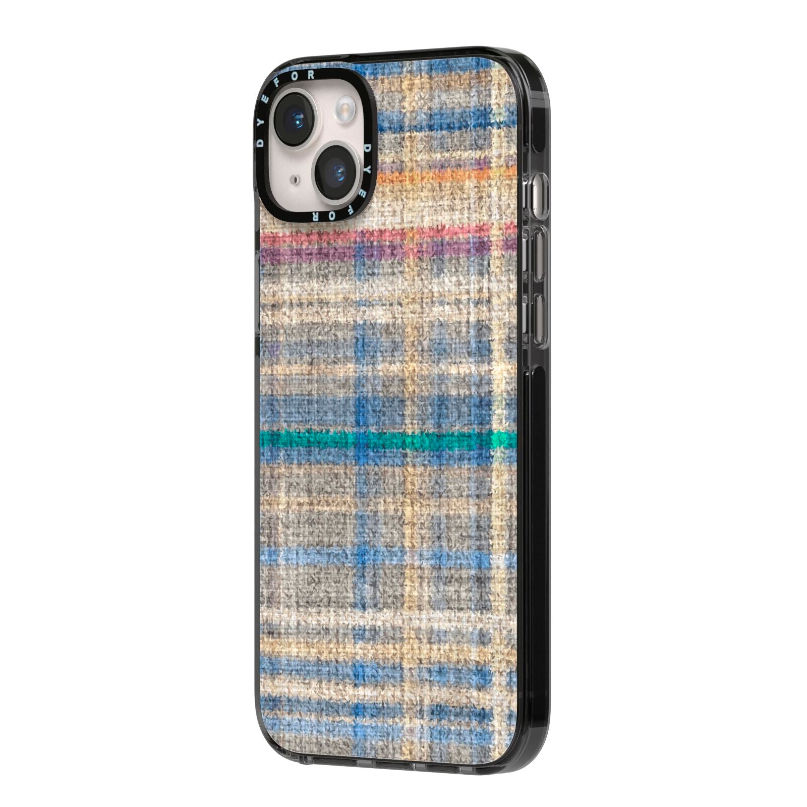 Fabric Plaid iPhone 14 Plus Black Impact Case Side Angle on Silver phone