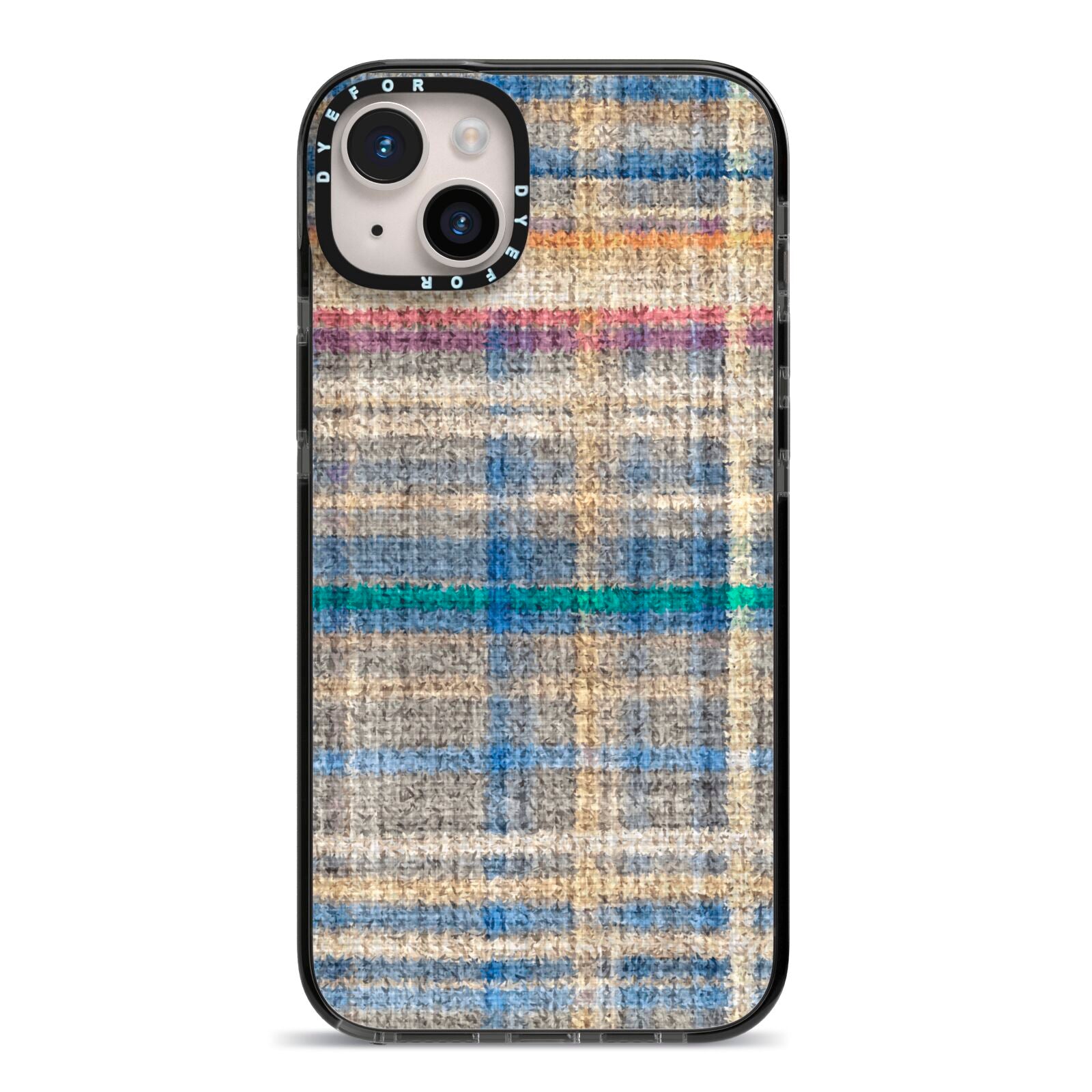 Fabric Plaid iPhone 14 Plus Black Impact Case on Silver phone