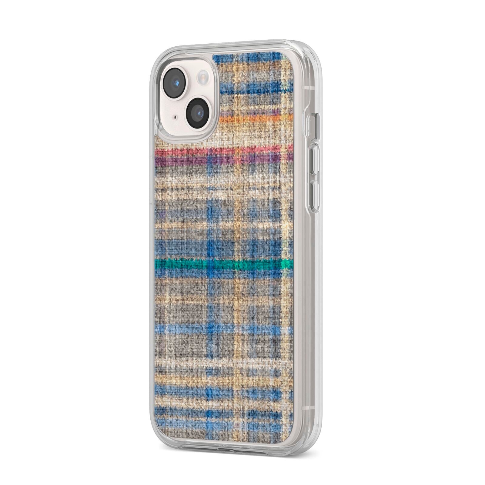 Fabric Plaid iPhone 14 Plus Clear Tough Case Starlight Angled Image