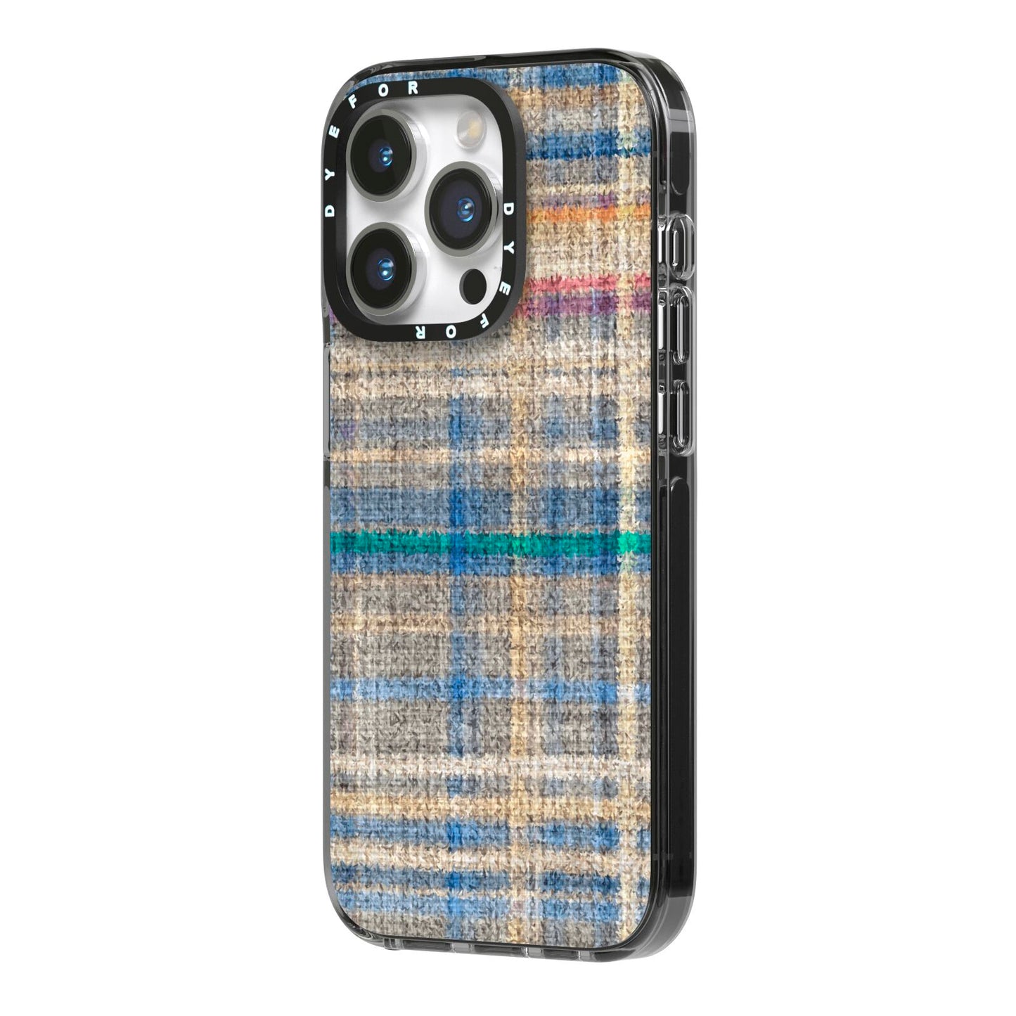 Fabric Plaid iPhone 14 Pro Black Impact Case Side Angle on Silver phone