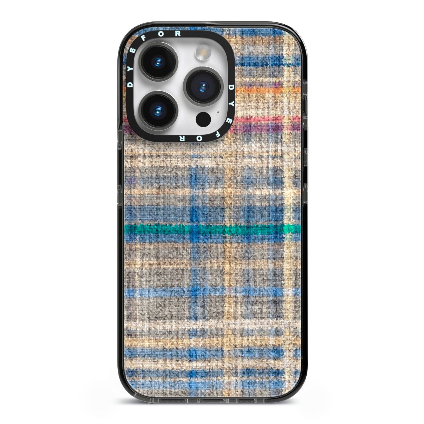 Fabric Plaid iPhone 14 Pro Black Impact Case on Silver phone