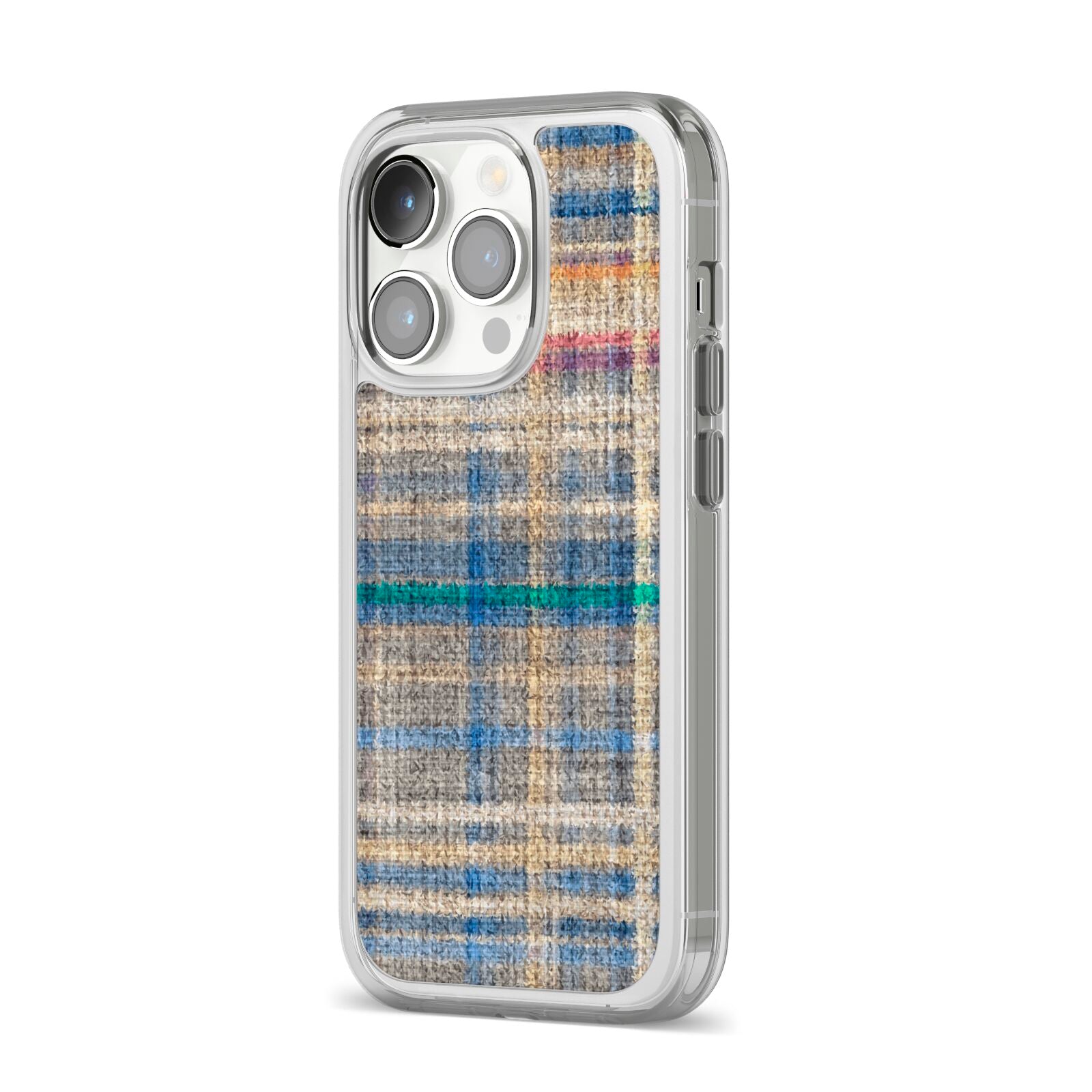 Fabric Plaid iPhone 14 Pro Clear Tough Case Silver Angled Image